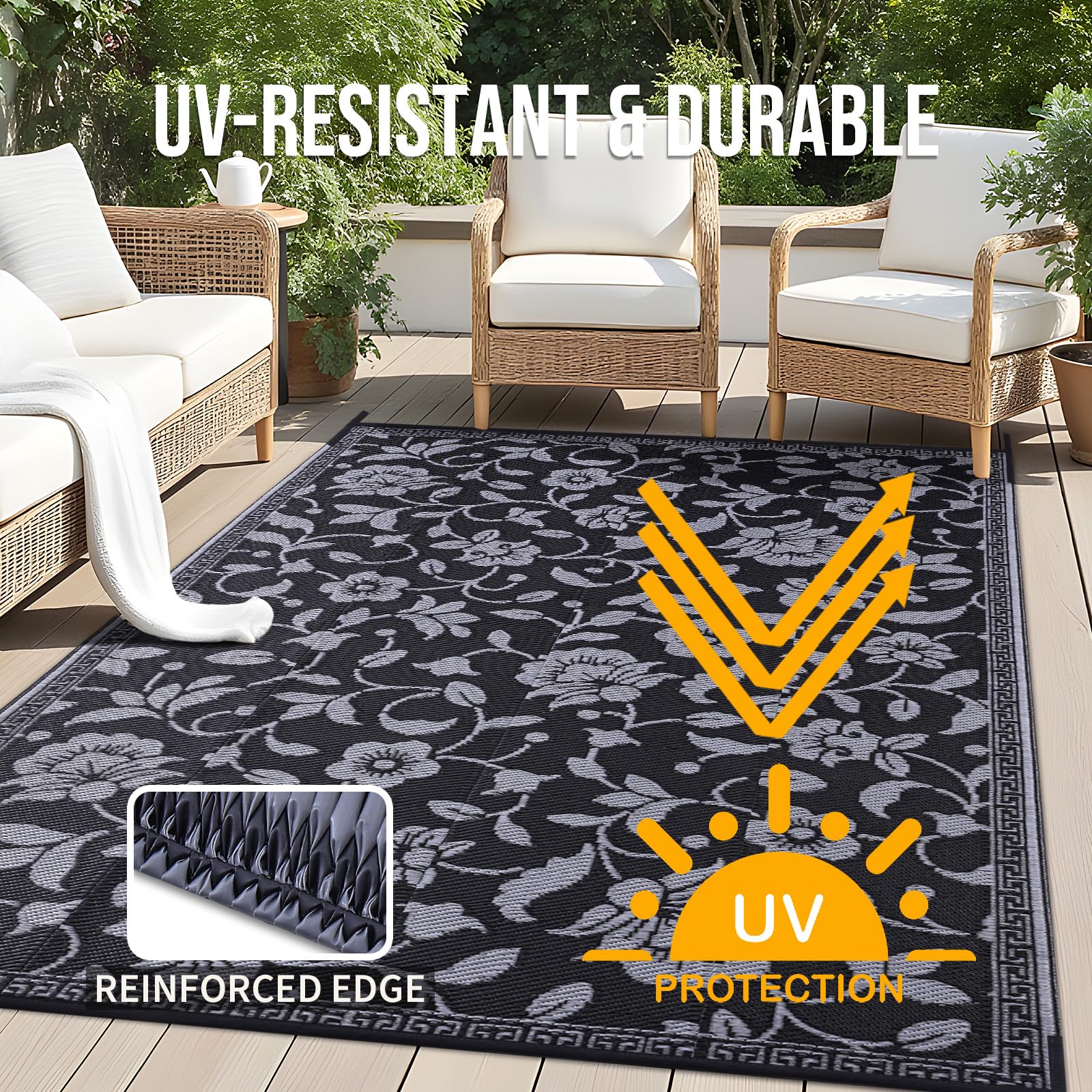 OLANLY Waterproof Outdoor Rug 5x8 ft, Outdoor Plastic Straw Rug with Flower Pattern, Reversible RV Mat for Patio, Camping, Balcony, Deck, Backyard, Navy & White