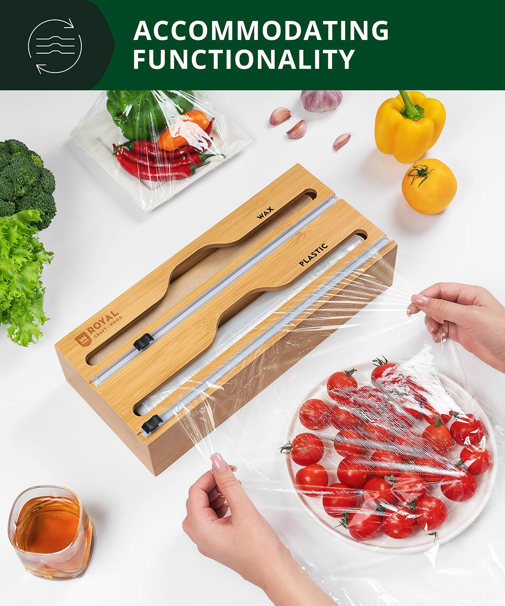 ROYAL CRAFT WOOD Bamboo Kitchen Foil and Plastic Wrap Organizer for Drawer with Cutter 2-Slots
