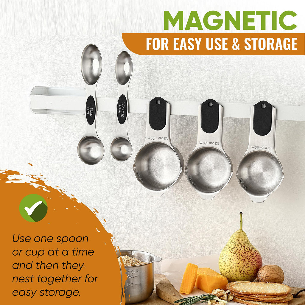 Spring Chef Magnetic Measuring Cups & Spoons Set, Patented, Strong N45 Magnets, Heavy Duty Stainless Steel Fits in Spice Jars for Baking & Cooking, BPA Free, Round Set of 15 with Leveler, Black