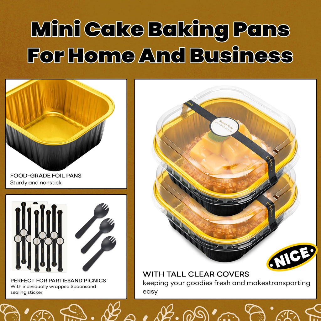 50 Pcs Mini Cake Pans with Lids and Spoons Aluminum Foil Mini Square Baking Cups with Lids Disposable Ramekins Cake Pans Dessert Cups for Wedding Birthday Party(Pink,5oz)