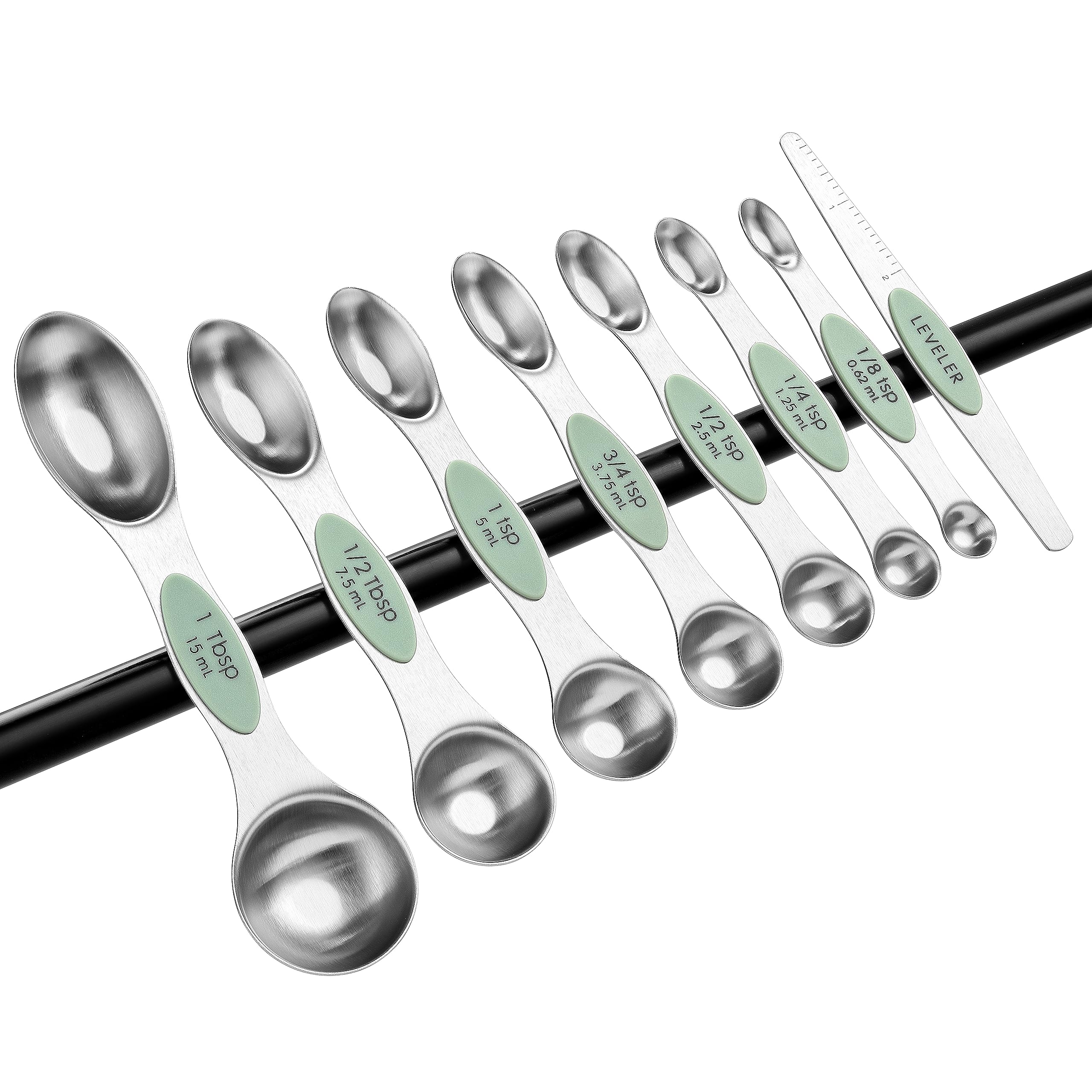 Spring Chef Stainless Steel Magnetic Measuring Spoons Set with Strong N45 Magnets, Heavy Duty Metal Kitchen Gadgets for Baking & Cooking, Fits in Most Kitchen Spice Jars, Set of 8 with Leveler, Black