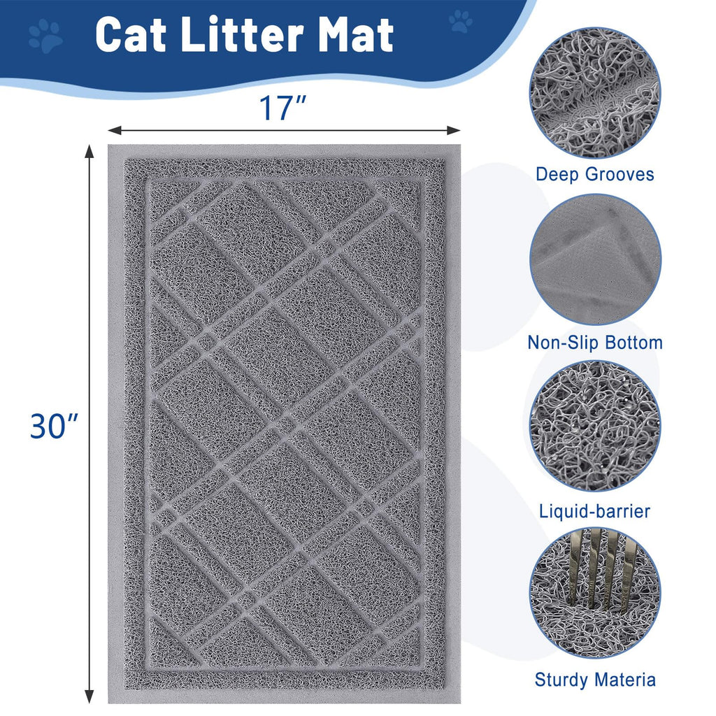 Smiry Cat Litter Box Mat 30x17, Non-Slip Water Resistant Litter Trapping Mat, Easy Clean Less Waste and Urine-Locking Cat Carpet for Indoor, Grey