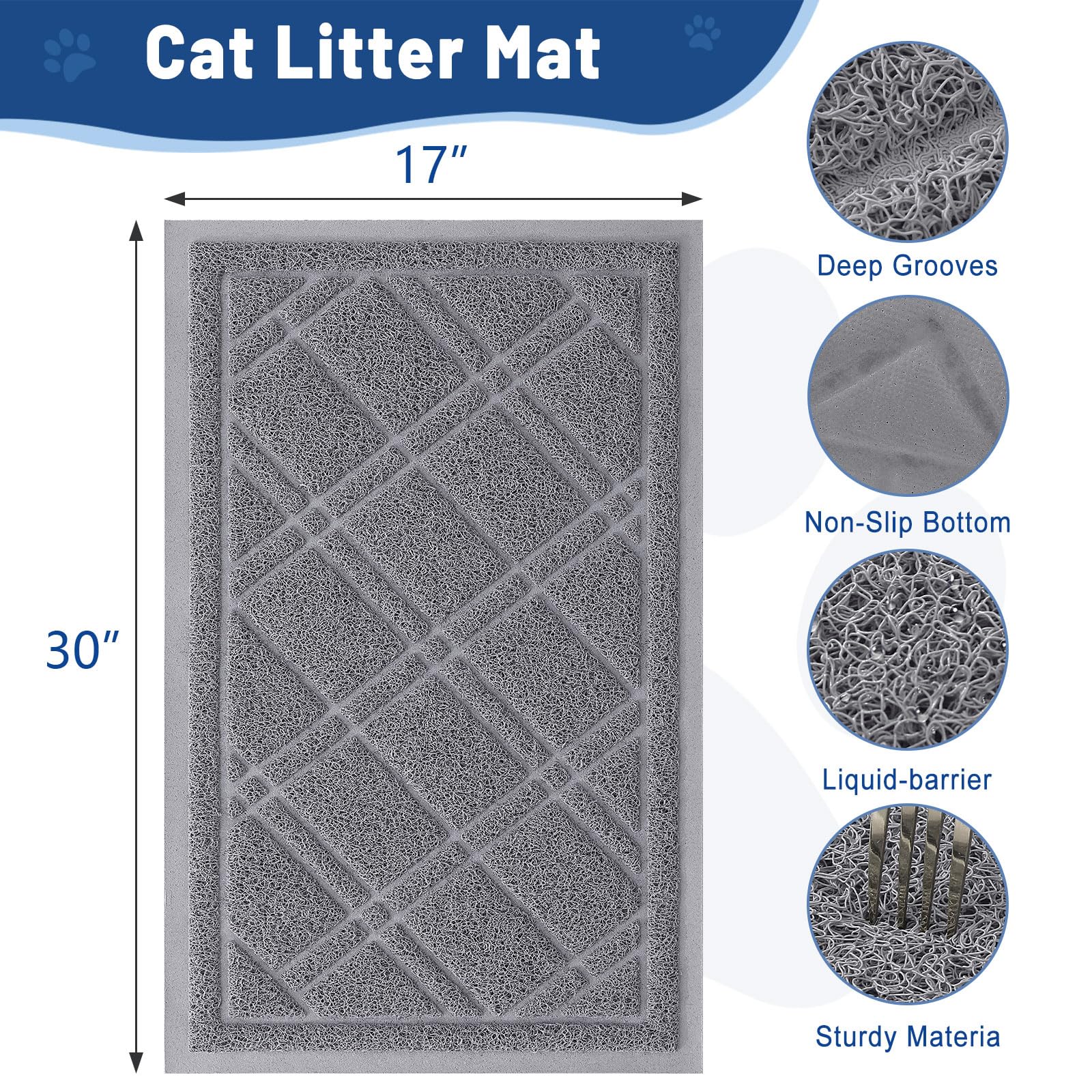Smiry Cat Litter Box Mat 30x17, Non-Slip Water Resistant Litter Trapping Mat, Easy Clean Less Waste and Urine-Locking Cat Carpet for Indoor, Grey