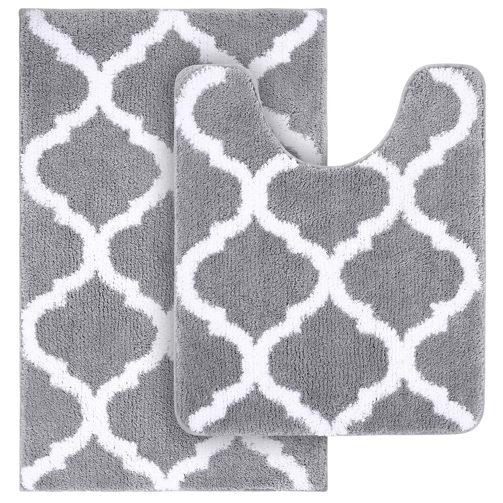OLANLY Bathroom Rugs Set 2 Piece, Microfiber Bath Shower Mat and U-Shaped Toilet Rug, Machine Wash Dry, Non-Slip Absorbent Shaggy Bath Mats for Tub, Shower and Bathroom (30"x20"+24"x20", Grey)