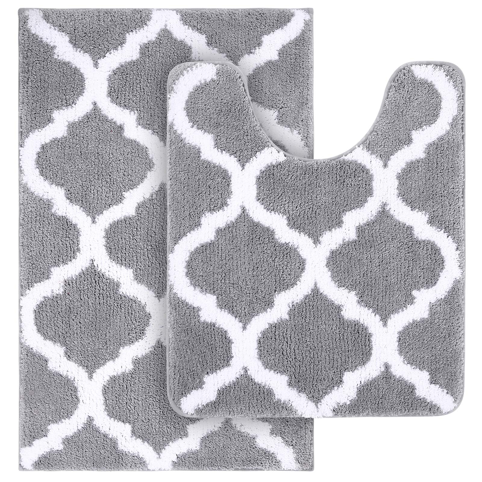 OLANLY Bathroom Rugs Set 2 Piece, Microfiber Bath Shower Mat and U-Shaped Toilet Rug, Machine Wash Dry, Non-Slip Absorbent Shaggy Bath Mats for Tub, Shower and Bathroom (30"x20"+24"x20", Grey)