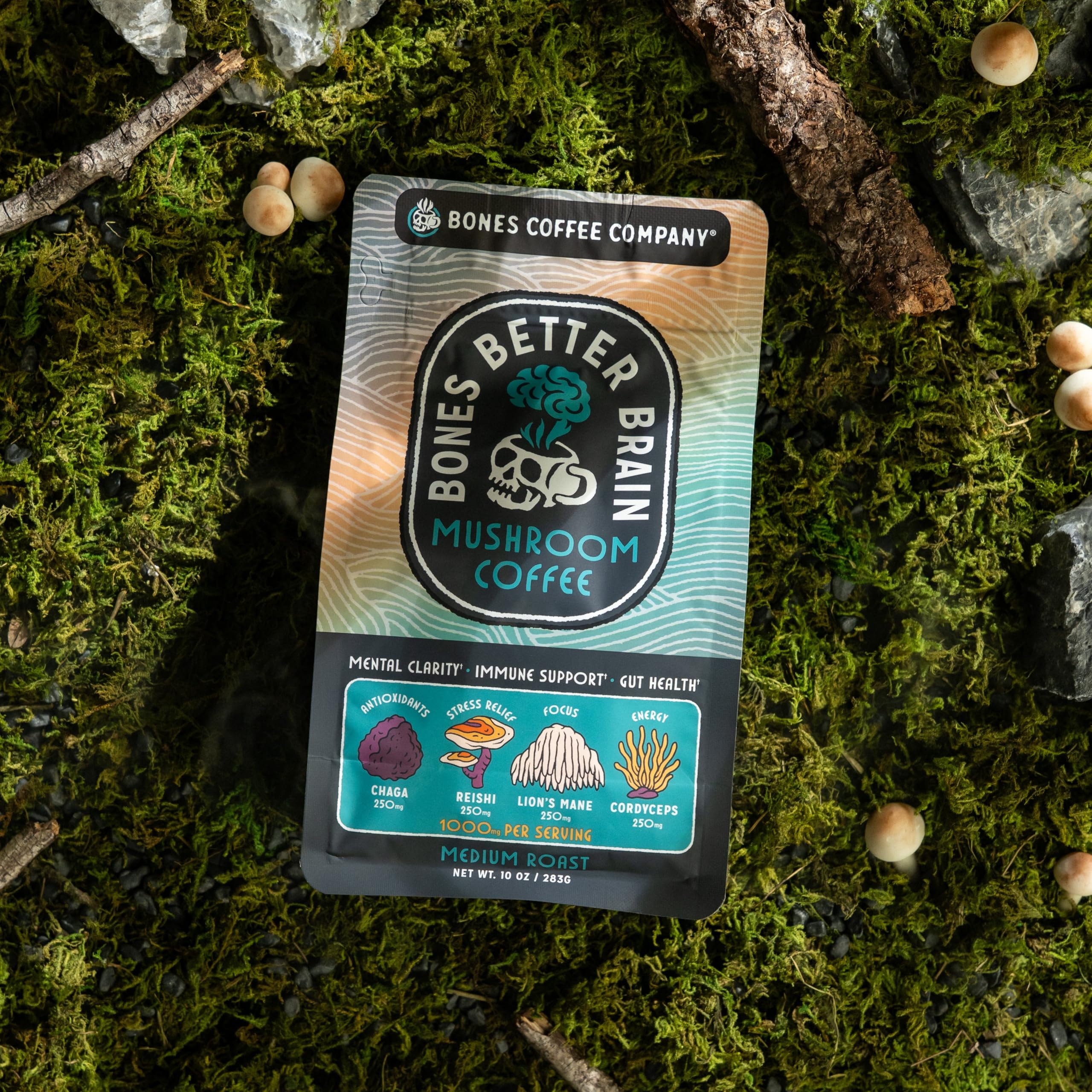 Bones Coffee Company Better Brain Mushroom Coffee - Medium Roast Low Acid Arabica Beans - Ground or Whole Bean - Reishi, Chaga, Lion's Mane, Cordyceps Mushroom Blend - 10 Oz