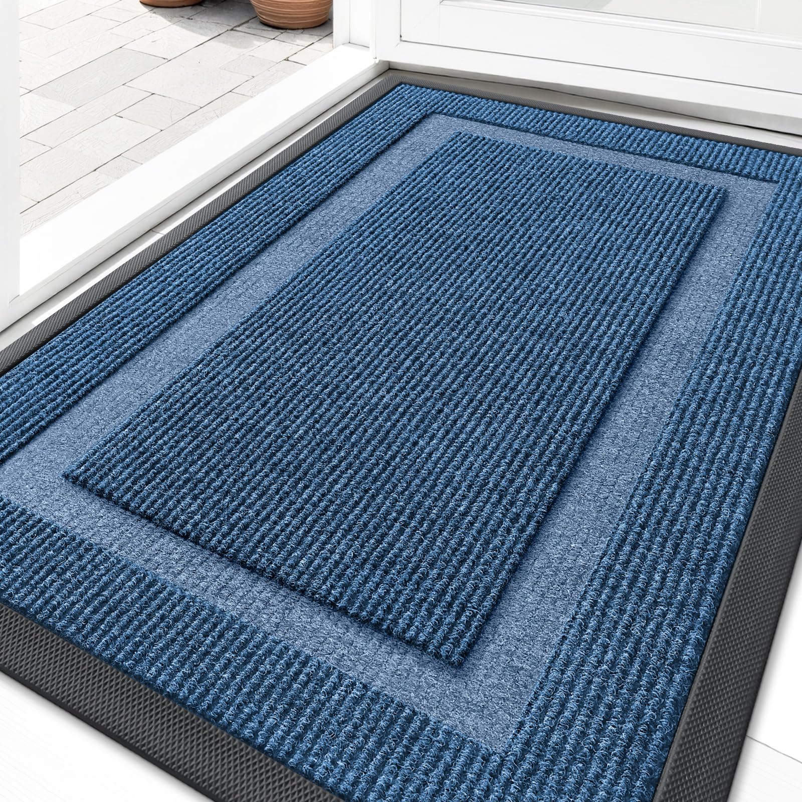 OLANLY Front Door Mat Indoor Outdoor Entrance, Waterproof All-Season, All-Weather Doormat, Sturdy Natural Rubber, Fade Resistant, Low Profile, Easy Clean Patio Porch Entryway Mat, 29.5x17, Black