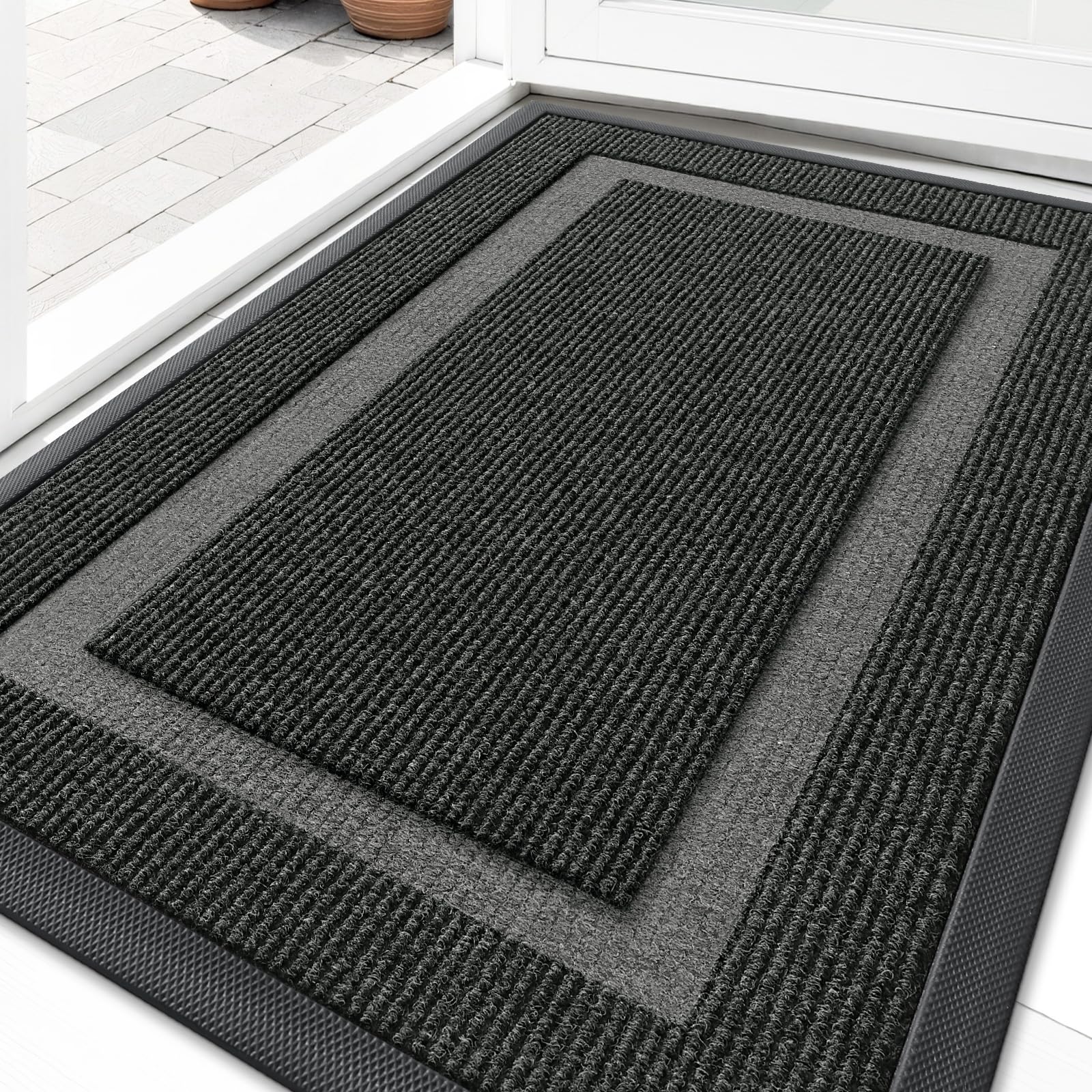 OLANLY Front Door Mat Indoor Outdoor Entrance, Waterproof All-Season, All-Weather Doormat, Sturdy Natural Rubber, Fade Resistant, Low Profile, Easy Clean Patio Porch Entryway Mat, 29.5x17, Black