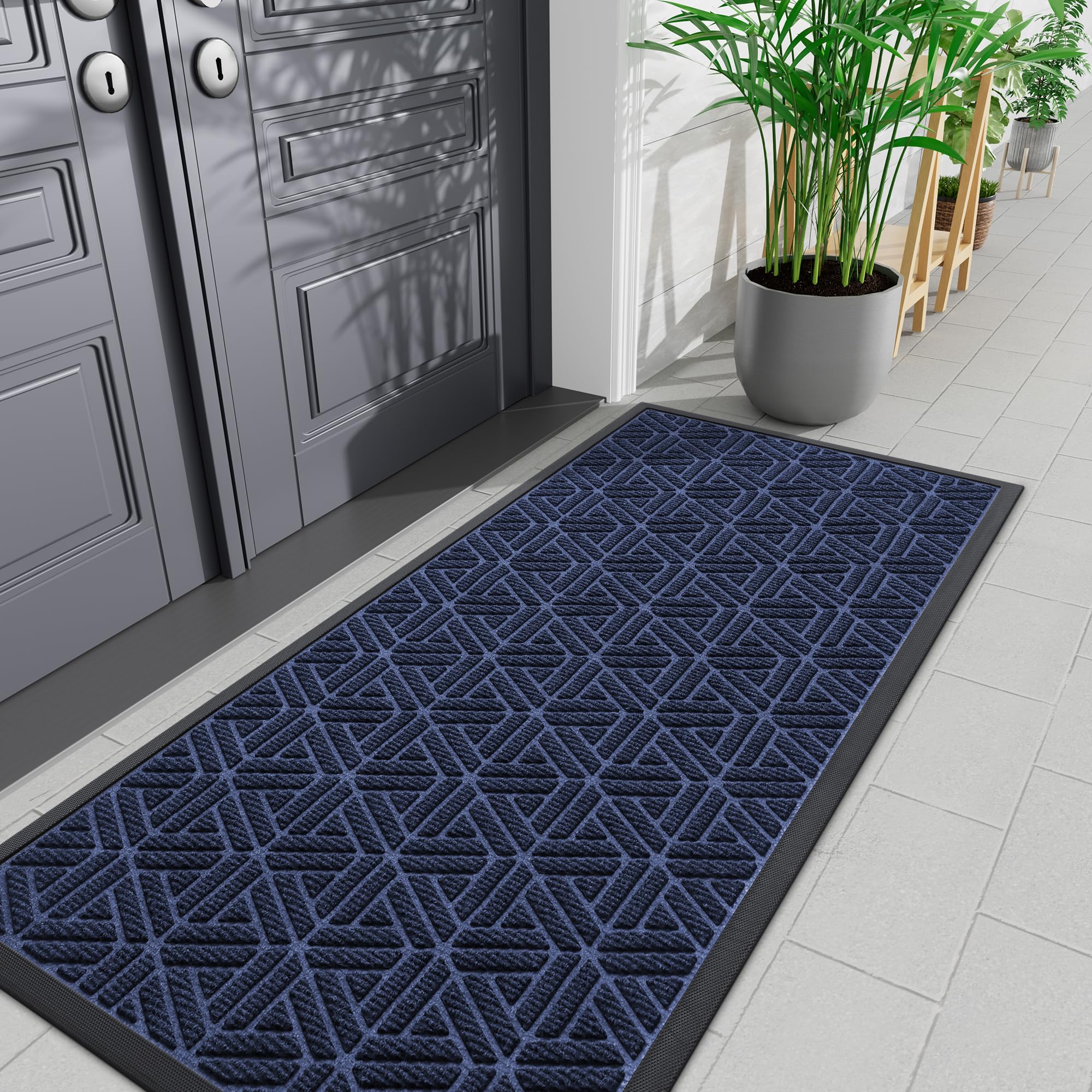 Smiry Front Door Mat Outside Entrance, Heavy Duty Sturdy Natural Rubber Doormat, Trap Dirt and Moisture, Easy Clean Low Profile Mats for Indoor Outdoor Entry, Irregular Triangle (29.5x17, Black)