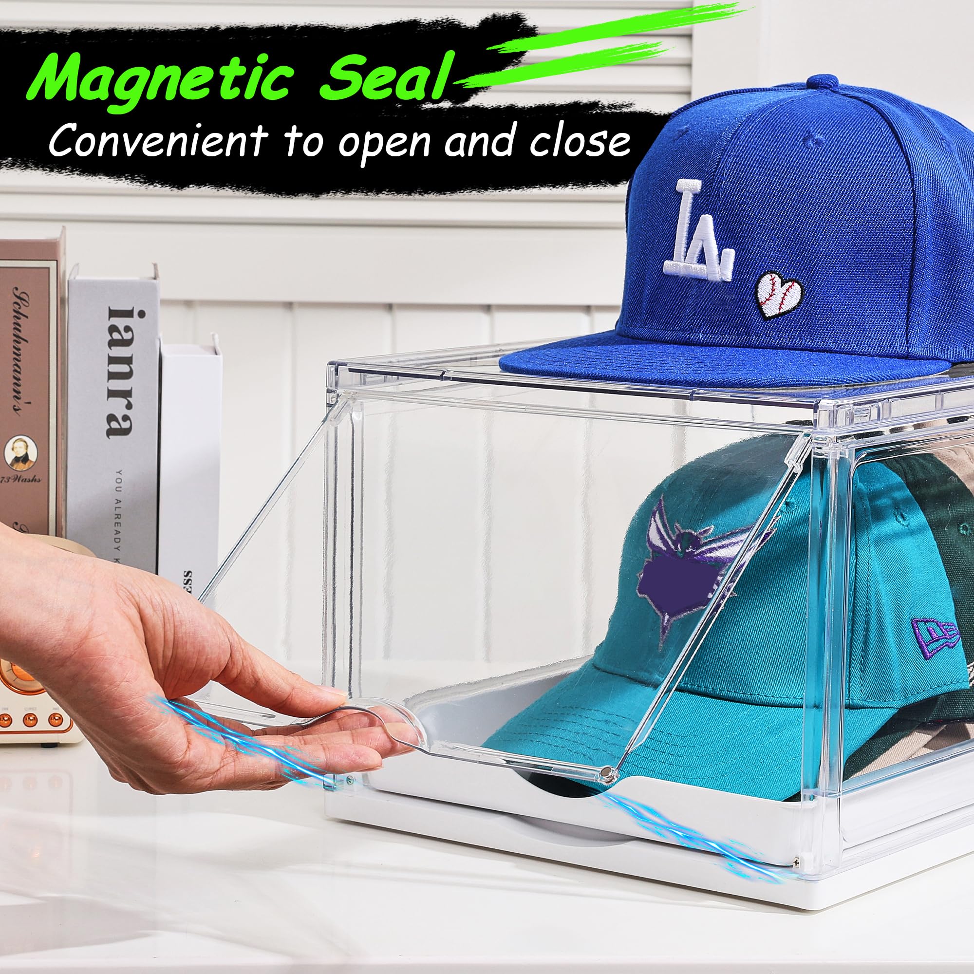 Vtopmart 2 Pack Hat Organizer for Baseball Caps, Clear Hats Holder Box with Drawer, Large Cap Storage with Sliding Tray, Stackable Rack Display Case with Magnetic Door, Each Holds 12 Hats