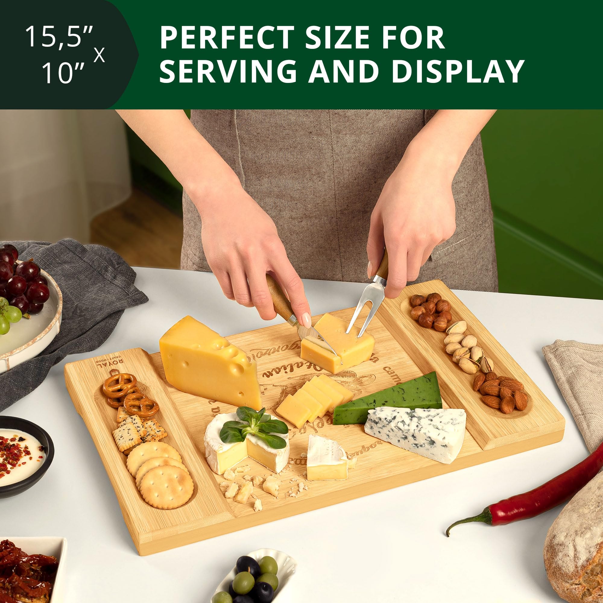 ROYAL CRAFT WOOD Premium Bamboo Charcuterie Board Set - Cheese Platter & Serving Tray & Serving Utensils - Perfect Housewarming Gift, Wedding, Bridal Shower Gift - Ideal for Entertaining and New Home