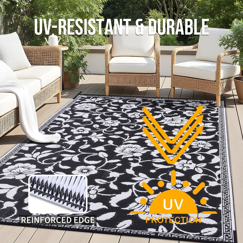 OLANLY Waterproof Outdoor Rug 5x8 ft, Outdoor Plastic Straw Rug with Flower Pattern, Reversible RV Mat for Patio, Camping, Balcony, Deck, Backyard, Navy & White