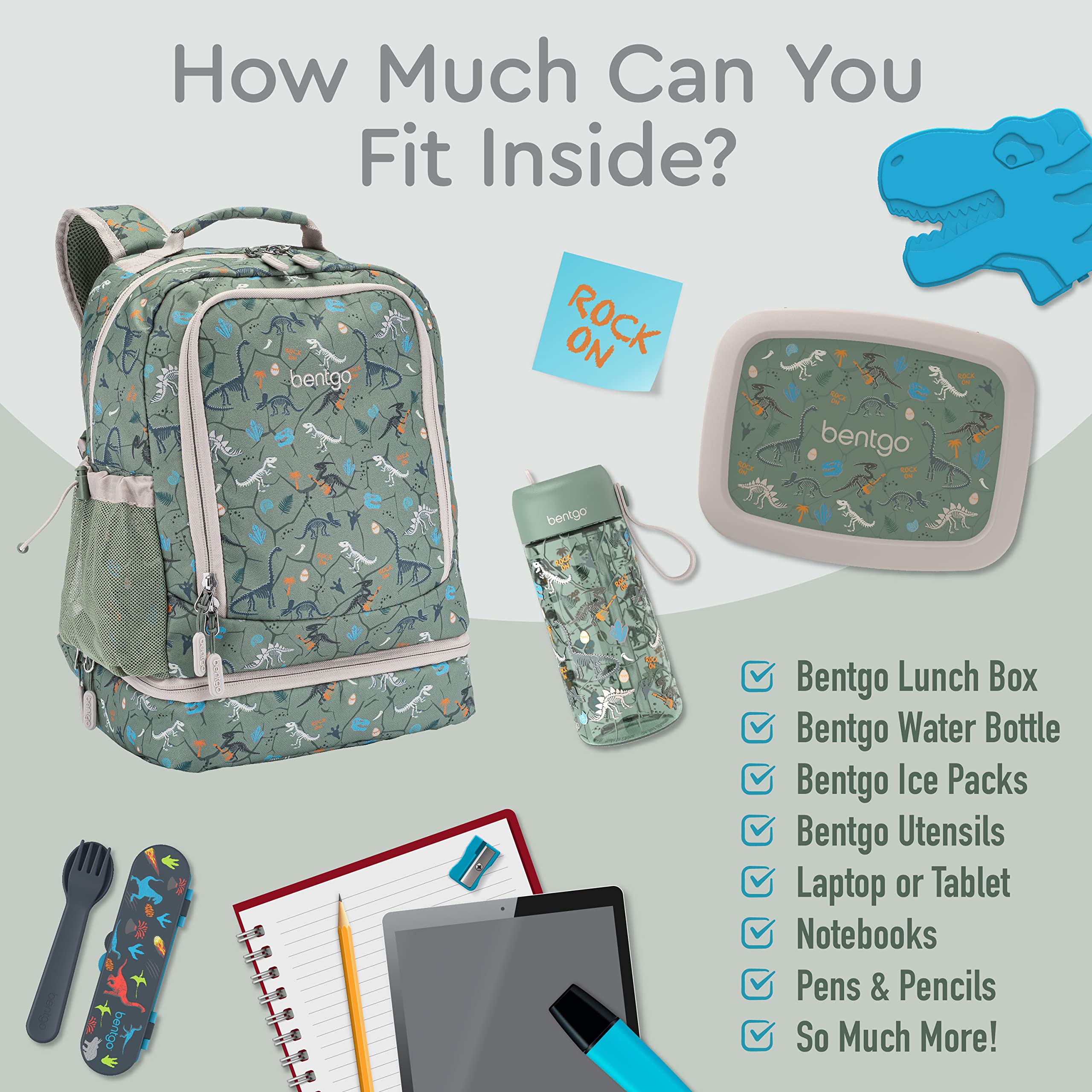Bentgo Kids 2-in-1 Backpack & Insulated Lunch Bag - Durable 16” Backpack & Lunch Container in Unique Prints for School & Travel - Water Resistant, Padded & Large Compartments (Dinosaur)