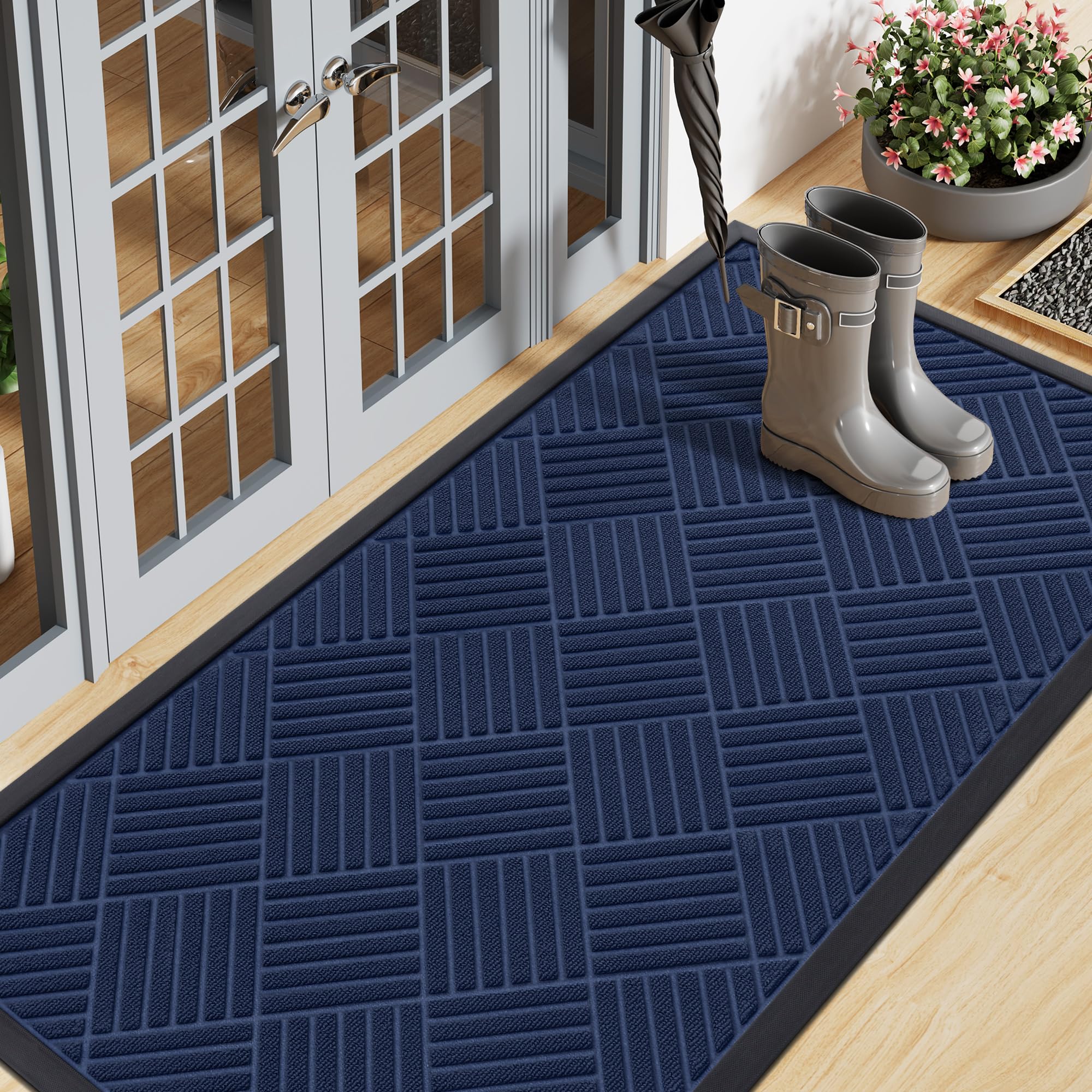 Smiry Front Door Mat Outside Entrance, Heavy Duty Outdoor Indoor Natural Rubber Doormat, Non Slip, Trap Dirt and Moisture, Easy Clean, Low Profile Patio Porch Entryway Mat, 29.5x17, Grey