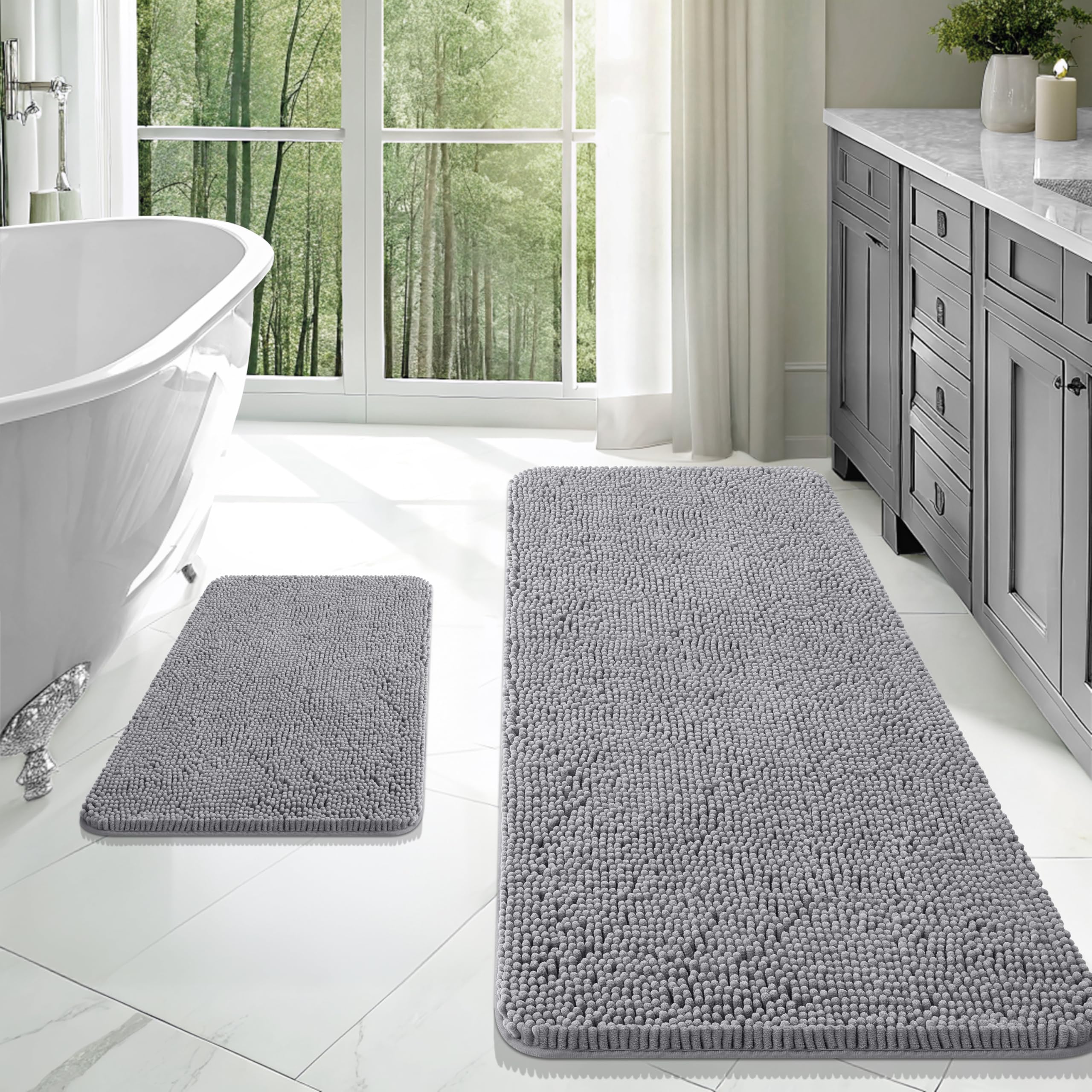 OLANLY Bathroom Rugs Sets 2 Piece, Soft Absorbent Chenille Bath Mats and U-Shaped Contour Toilet Mat Area Rug Set, Machine Washable Bath Carpet, Home Decor Accessories(30"x20"+24"x20", Grey)