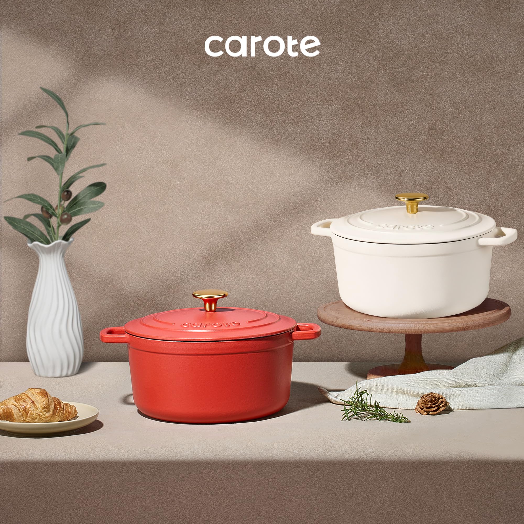 CAROTE 7QT Enameled Cast Iron Dutch Oven Pot with Lid, Heavy-Duty Dutch Ovens for Sourdough Bread Baking, Braising, Stews, Roasting, Healthy & Non-Toxic, Dual Handles, All Stovetop Compatible, Oven Safe up to 500° F, Cream White