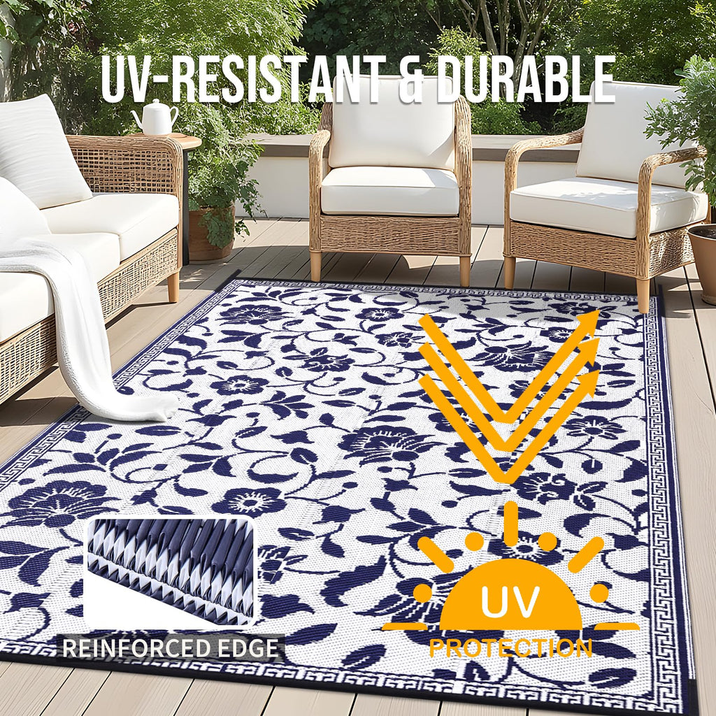 OLANLY Waterproof Outdoor Rug 5x8 ft, Outdoor Plastic Straw Rug with Flower Pattern, Reversible RV Mat for Patio, Camping, Balcony, Deck, Backyard, Navy & White