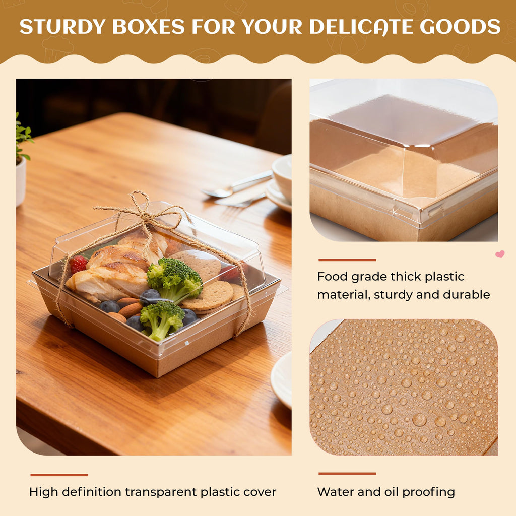 Disposable Charcuterie Boxes with Clear Lid, Food Boxes for Cold&Room Temperature Foods,Grease-Resistant Bakery Packaging for Pastry & Takeout Use 5.3x4.9x2.5INCH(50 Pack,Brown)