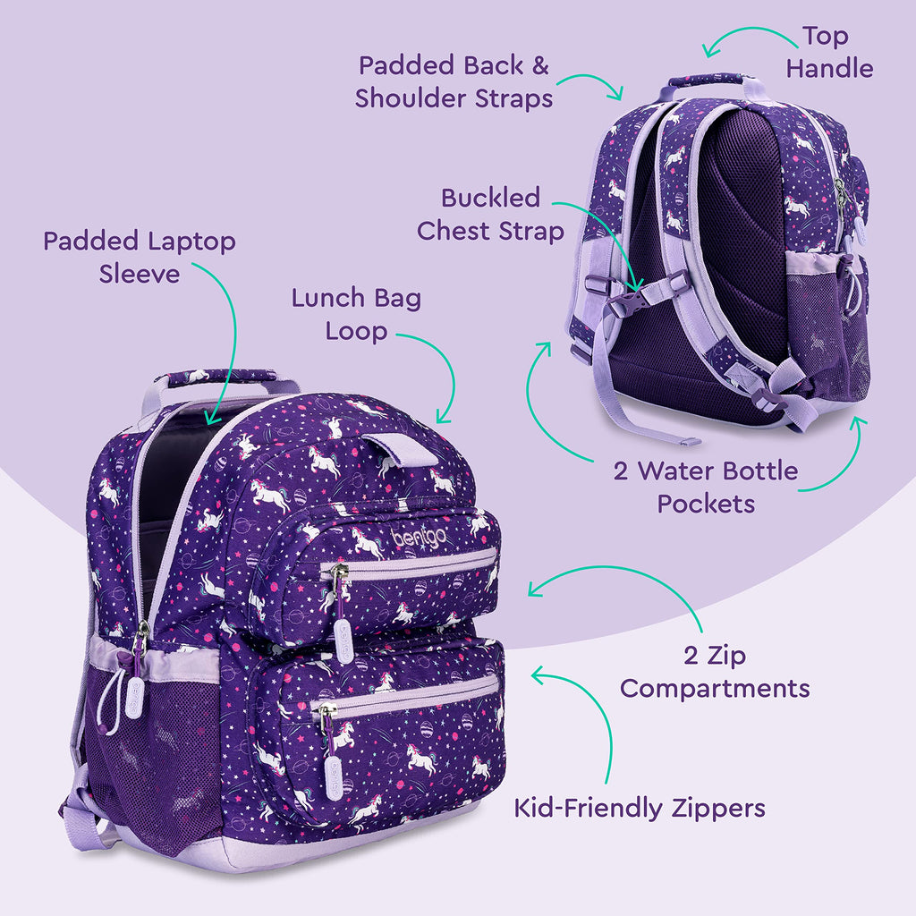 Bentgo Kids Backpack - Lightweight 14” Backpack in Fun Prints for School, Travel, & Daycare, Ideal for Ages 4+, Roomy Interior, Durable & Water-Resistant Fabric, & Loop for Lunch Bag (Trucks)