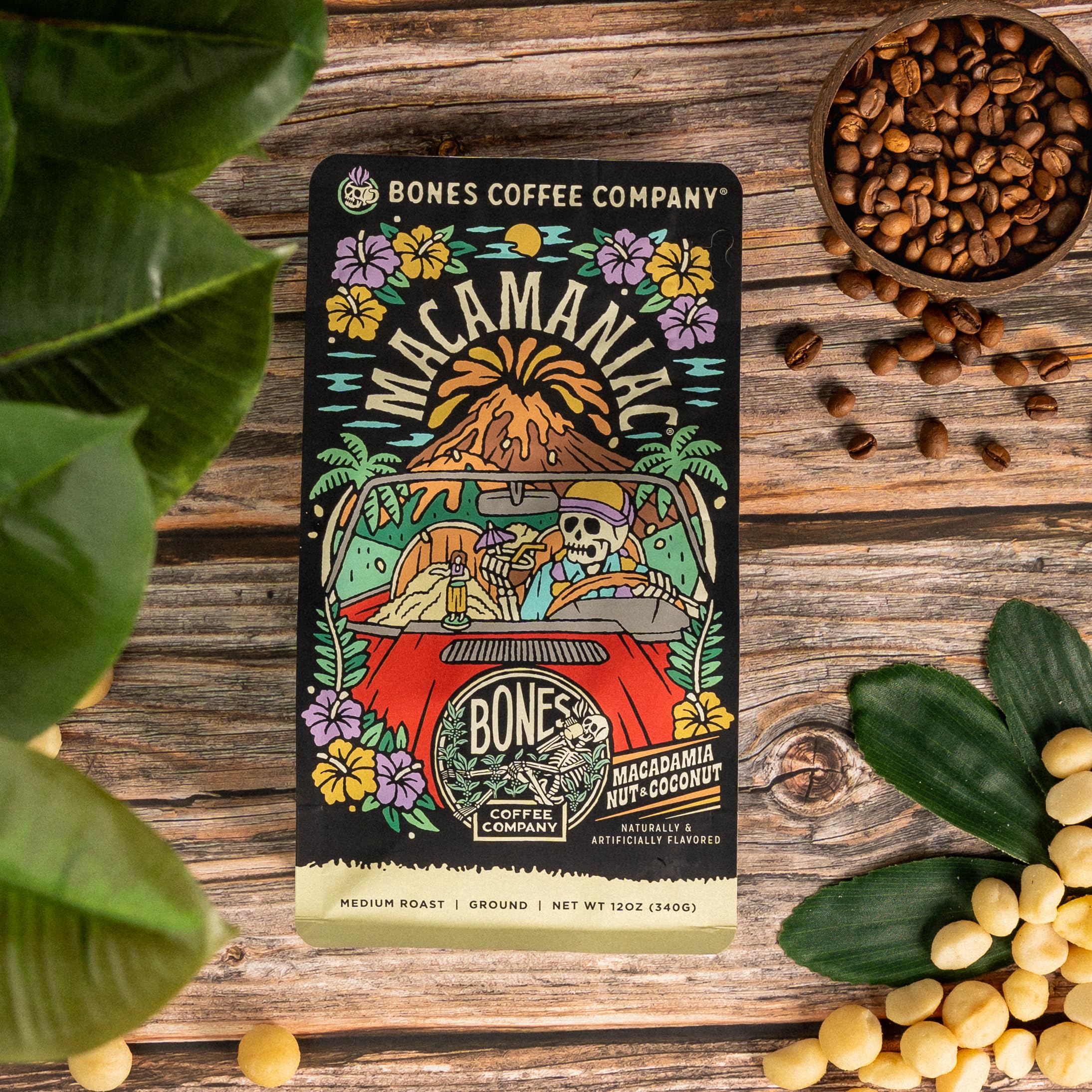 Bones Coffee Company Salted Caramel Flavored Coffee, Medium Roast Low Acid Arabica Beans Compatible with Auto drip and French Press Coffee Maker, 12 Oz Whole Bean