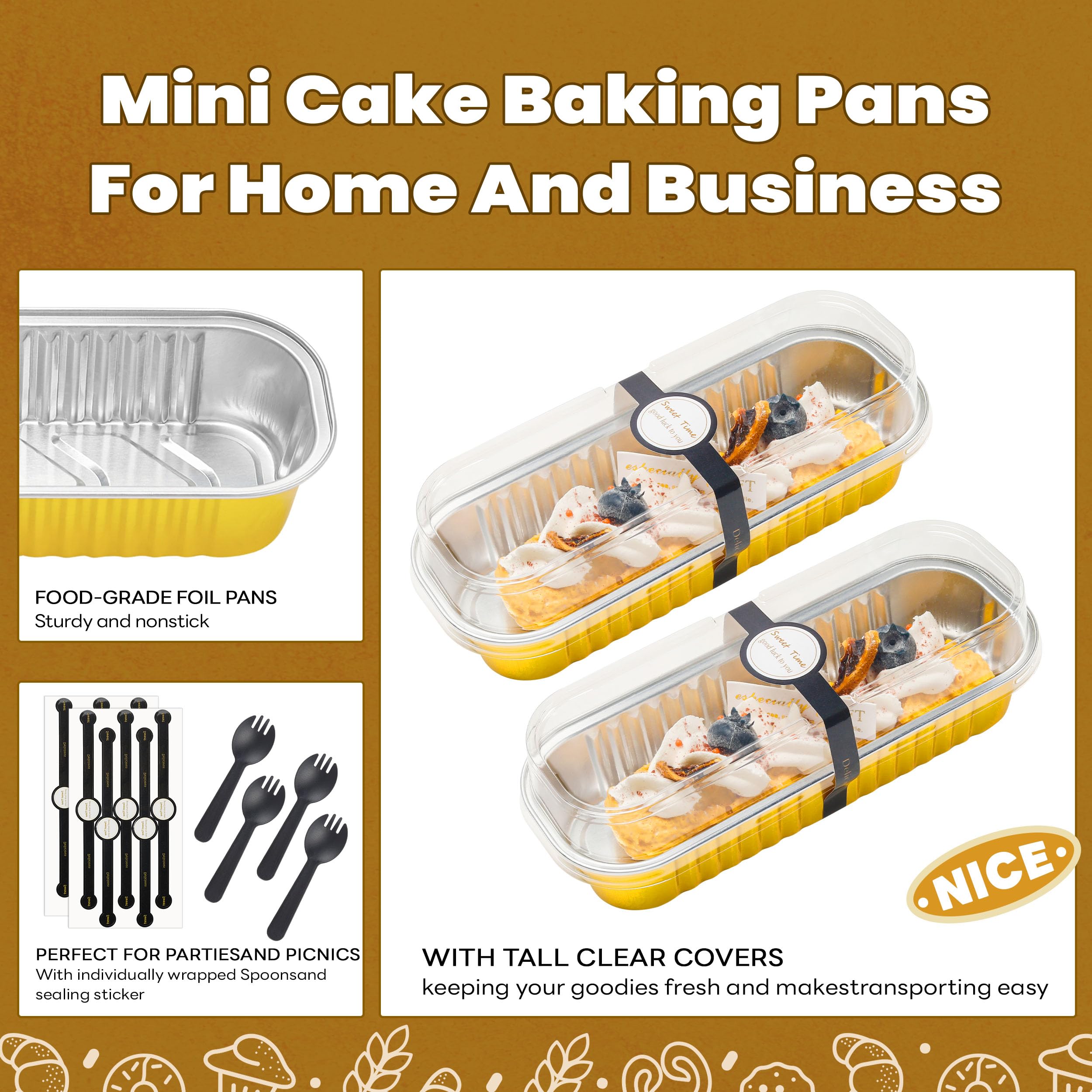 Mini Loaf Pans with Lids and Spoons Rectangular Aluminum Foil Baking Pans Mini Cheesecake Containers 6.8oz(60 Pack, Pink)
