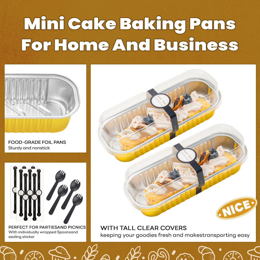 Mini Loaf Pans with Lids and Spoons Rectangular Aluminum Foil Baking Pans Mini Cheesecake Containers 6.8oz(60 Pack, Pink)