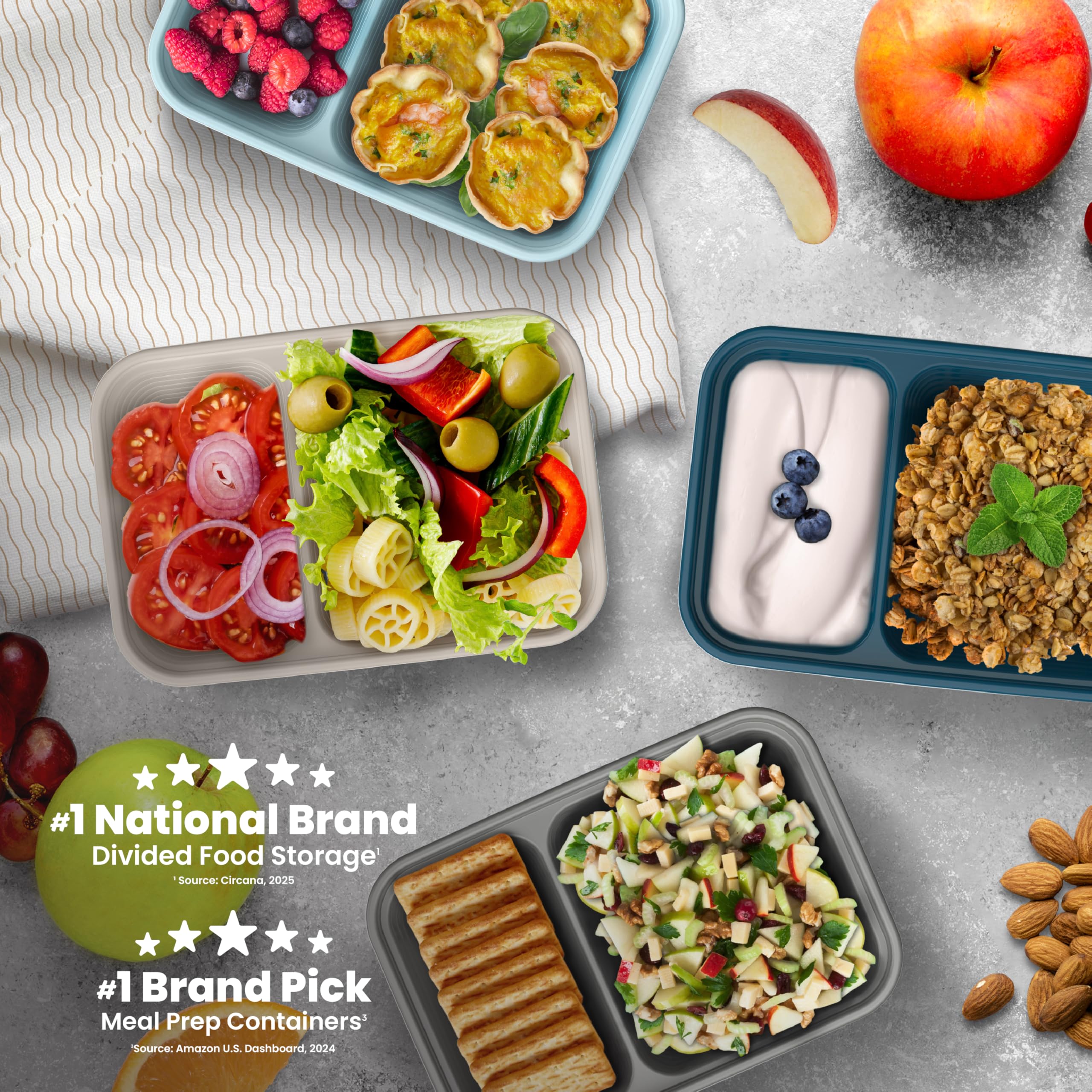 Bentgo Prep - 2-Compartment Snack Containers with Lids - Reusable, Microwaveable, Durable, PFAS & BPA-Free, Freezer, & Dishwasher-Safe Meal Prep Food Storage - 10 Trays & 10 Lids (Basil Glitter)