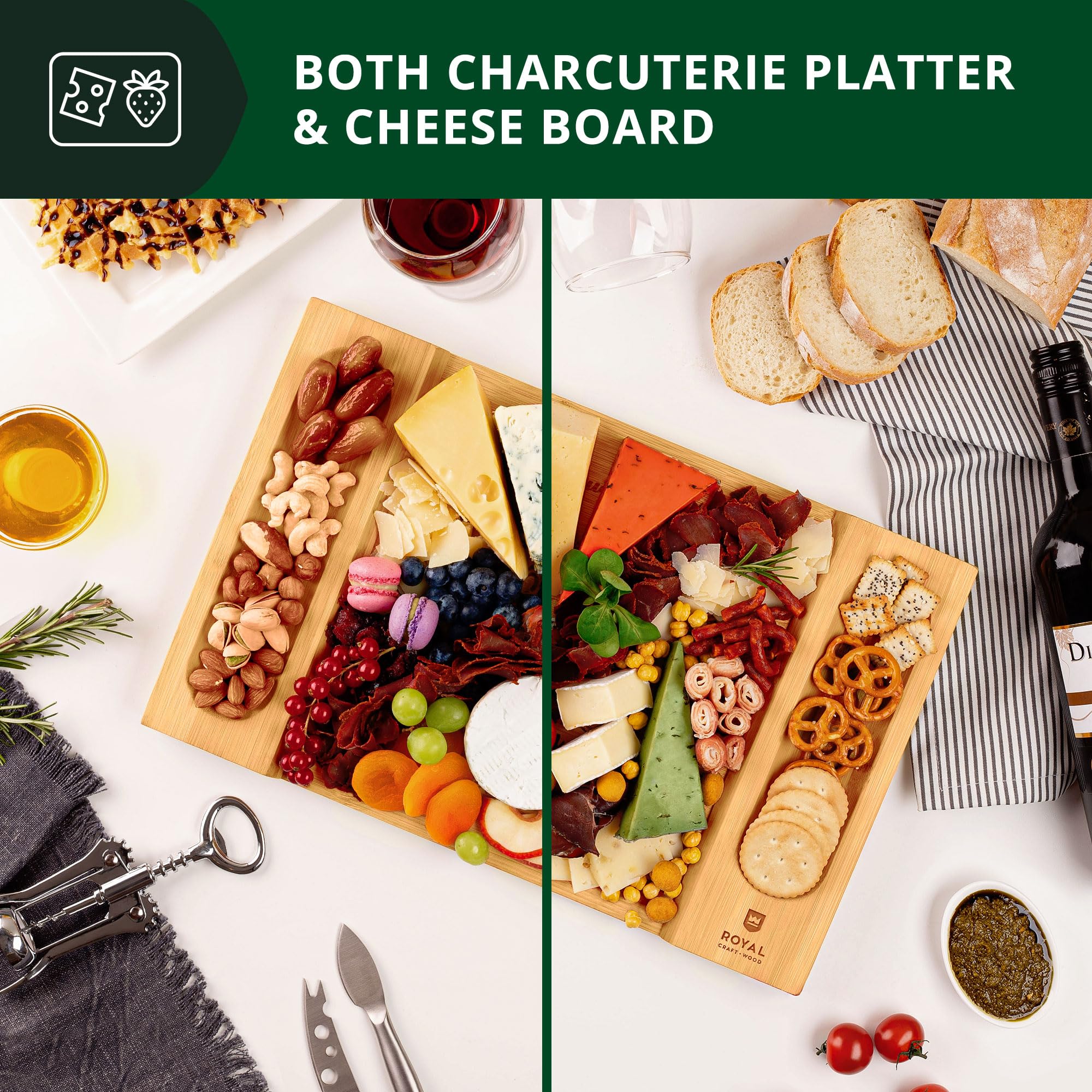 ROYAL CRAFT WOOD Premium Bamboo Charcuterie Board Set - Cheese Platter & Serving Tray & Serving Utensils - Perfect Housewarming Gift, Wedding, Bridal Shower Gift - Ideal for Entertaining and New Home