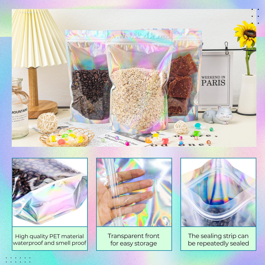 Holographic Mylar Bags Resealable Smell Proof Bags for lip gloss, Jewelry, Lash Candy and More - Small Business Packaging Supplies(100PACK, 3x9INCH)