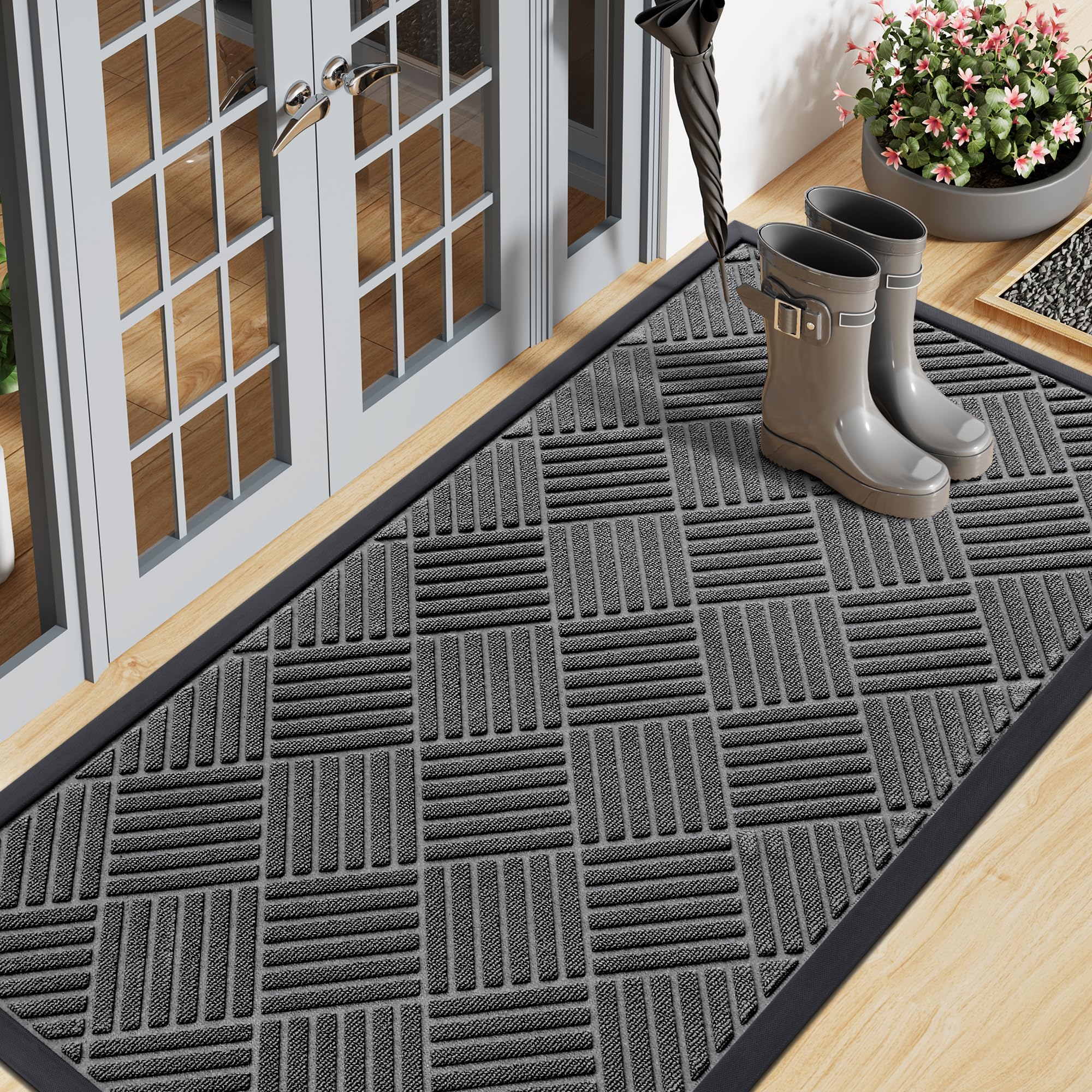 Smiry Front Door Mat Outside Entrance, Heavy Duty Outdoor Indoor Natural Rubber Doormat, Non Slip, Trap Dirt and Moisture, Easy Clean, Low Profile Patio Porch Entryway Mat, 29.5x17, Grey