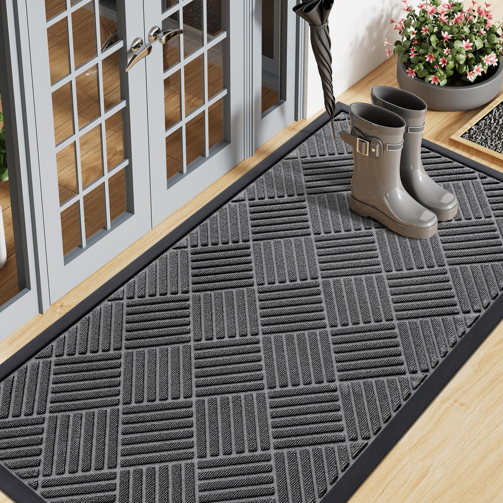 Smiry Front Door Mat Outside Entrance, Heavy Duty Outdoor Indoor Natural Rubber Doormat, Non Slip, Trap Dirt and Moisture, Easy Clean, Low Profile Patio Porch Entryway Mat, 29.5x17, Grey
