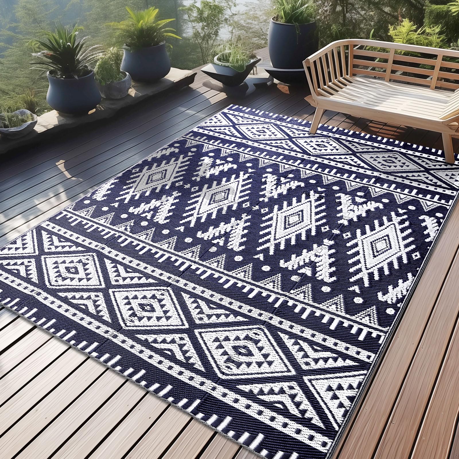 OLANLY Outdoor Rug Waterproof 5x8 ft, Reversible Outdoor Plastic Straw Rug, Boho Patio Rug, Indoor Outdoor Carpet, RV Mat Outside for Patio, Camp, Picnic, Balcony, Deck, Backyard, Black & White