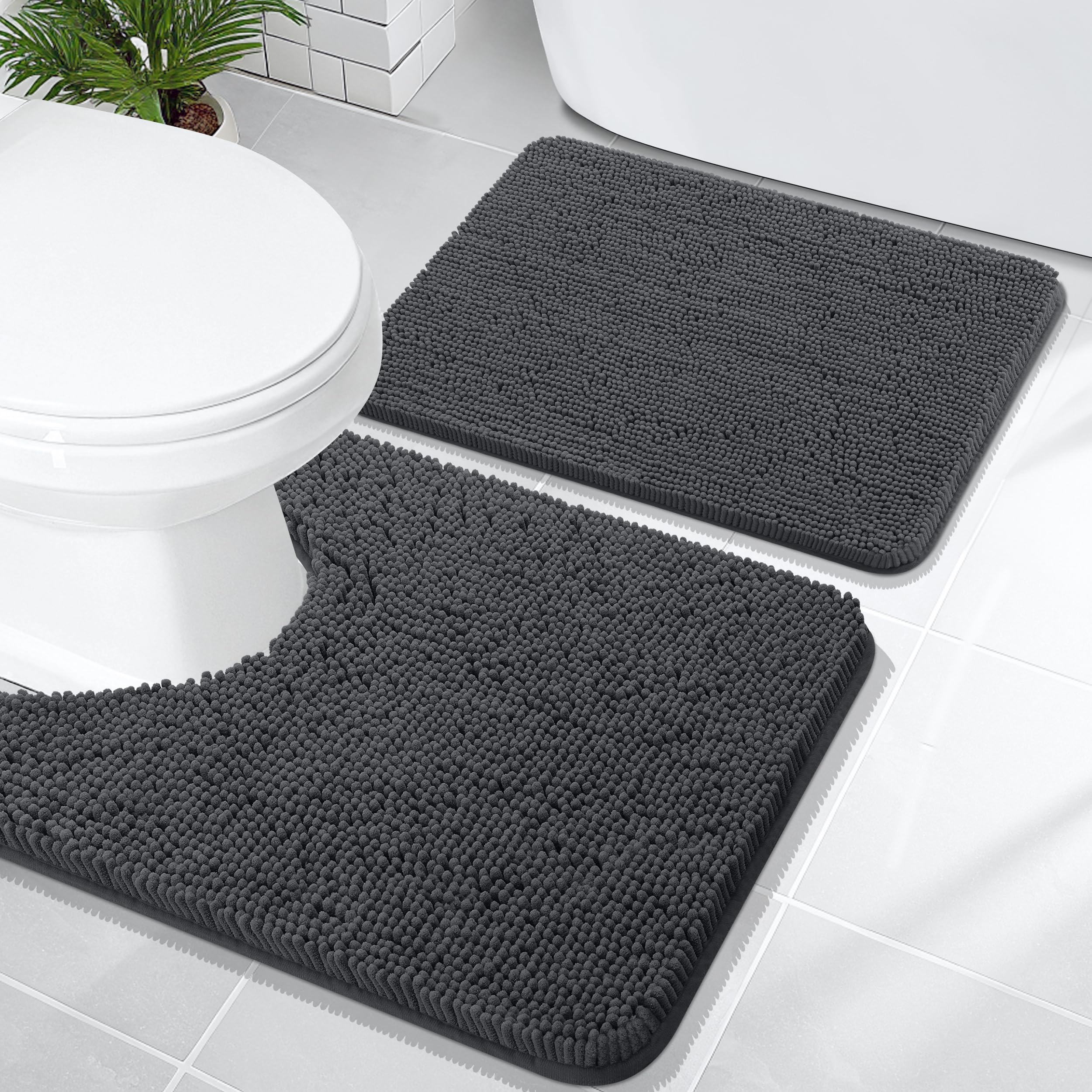 OLANLY Bathroom Rugs Sets 2 Piece, Soft Absorbent Chenille Bath Mats and U-Shaped Contour Toilet Mat Area Rug Set, Machine Washable Bath Carpet, Home Decor Accessories(30"x20"+24"x20", Grey)
