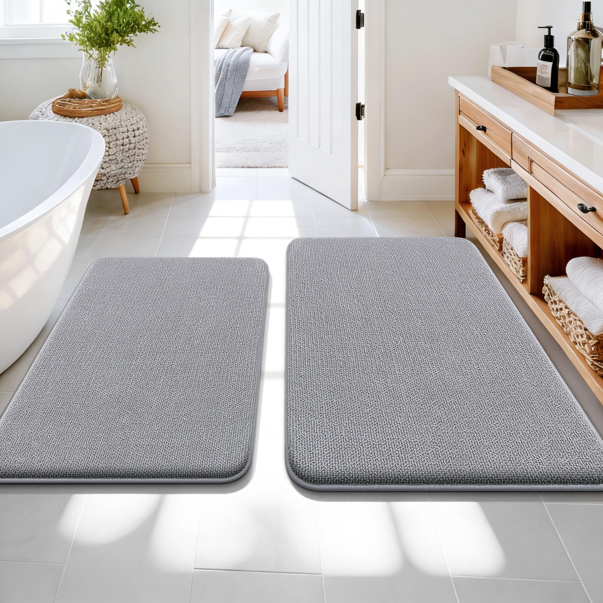 OLANLY Bathroom Rugs Sets 2 Piece, Soft Absorbent Memory Foam Bath Rug Set, Non-Slip, Quick Dry, Machine Washable Bath Mats for Bathroom, Home Decor Accessories (30"x20"+24"x16", Grey)