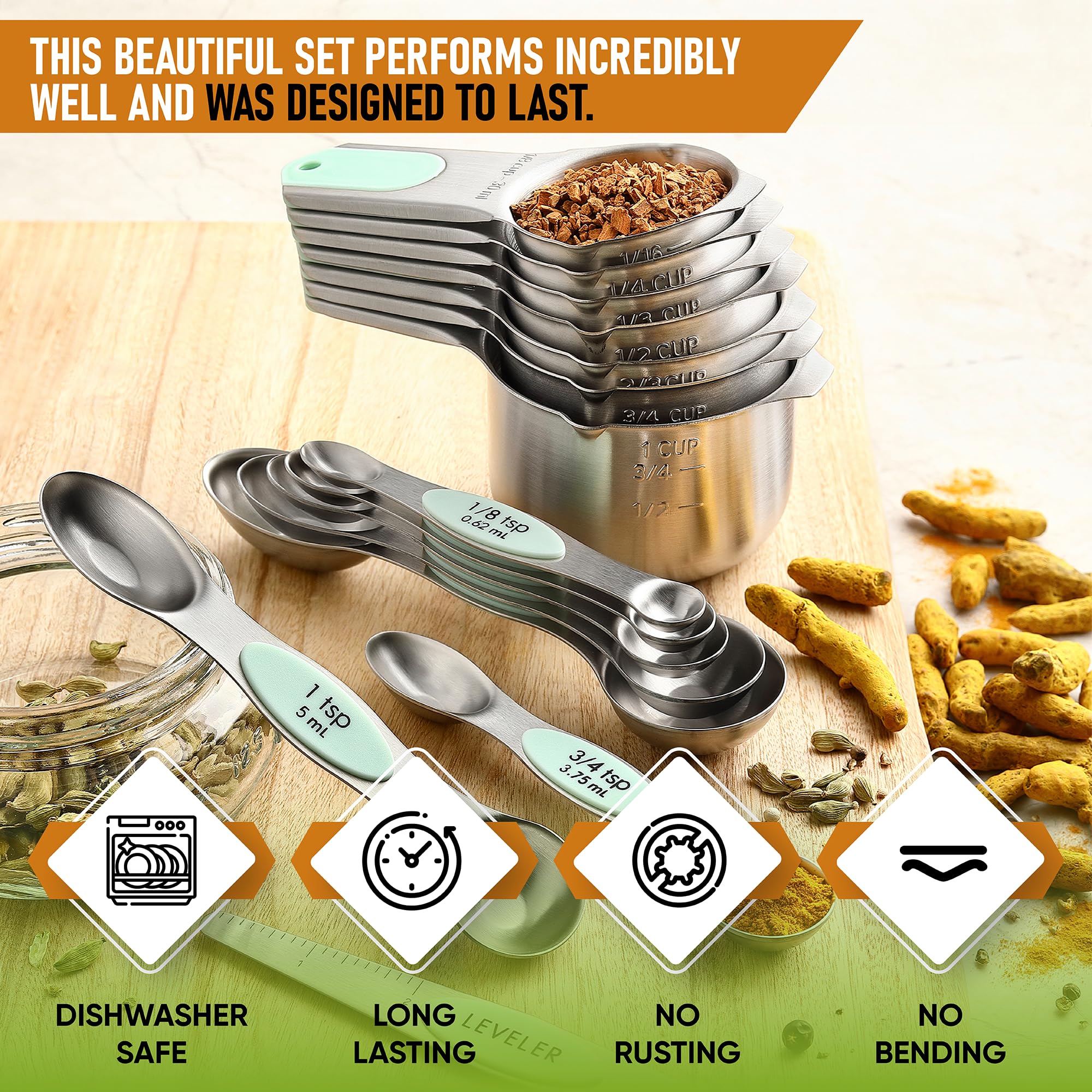 Spring Chef Magnetic Measuring Cups & Spoons Set, Patented, Strong N45 Magnets, Heavy Duty Stainless Steel Fits in Spice Jars for Baking & Cooking, BPA Free, Round Set of 15 with Leveler, Black