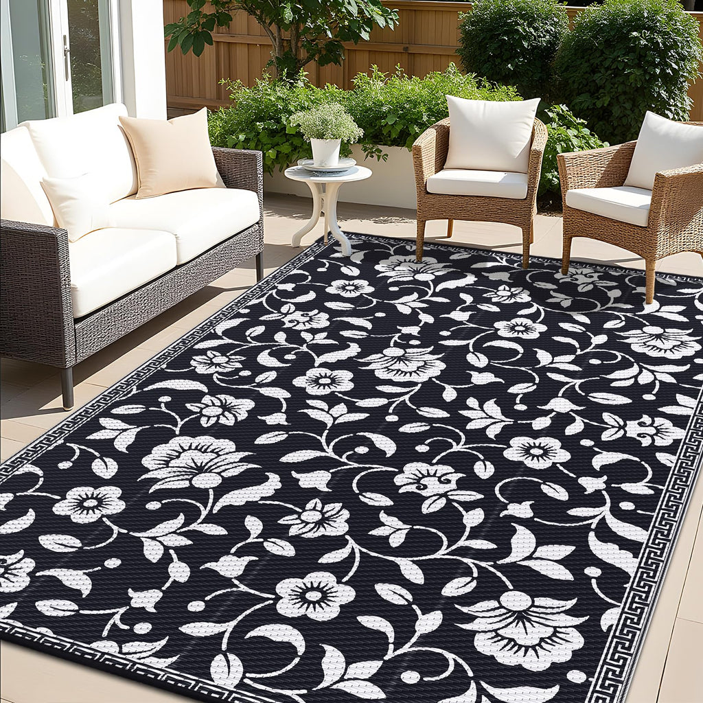 OLANLY Waterproof Outdoor Rug 5x8 ft, Outdoor Plastic Straw Rug with Flower Pattern, Reversible RV Mat for Patio, Camping, Balcony, Deck, Backyard, Navy & White