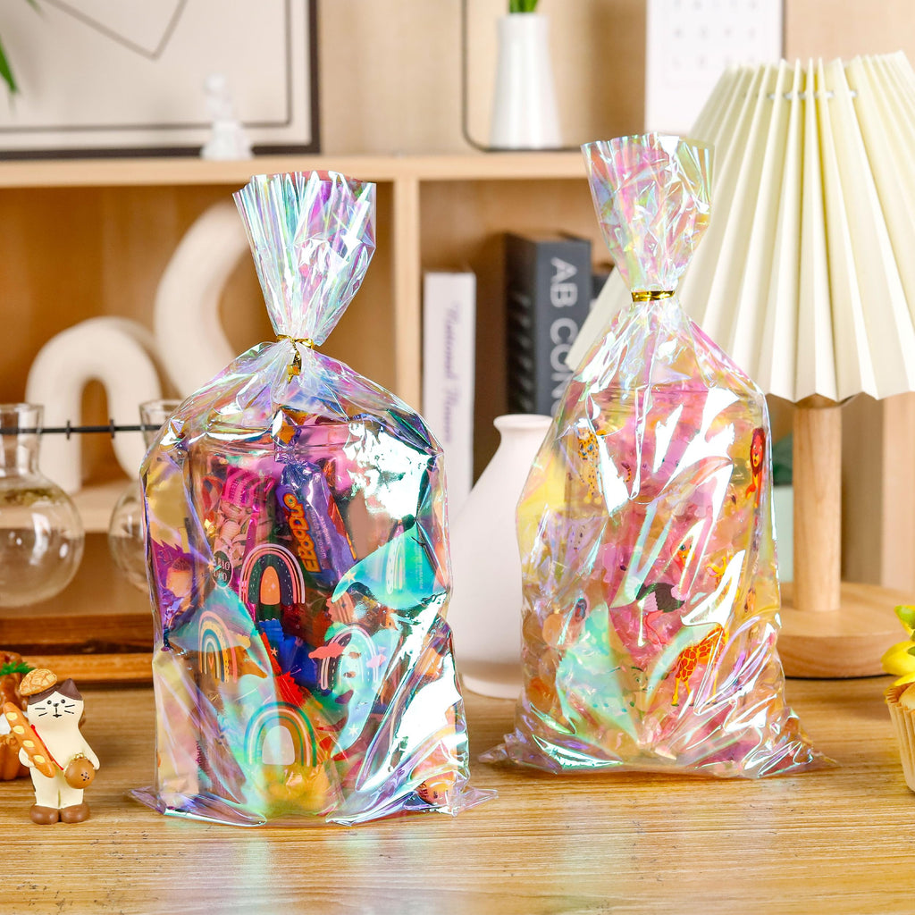 NPLUX Cellophane Treat Bags,Plastic Iridescent Party Favor Bags Clear Candy Bags with Twist Ties for Gift, Cookies, Snacks(100PACK, 6x10inch)