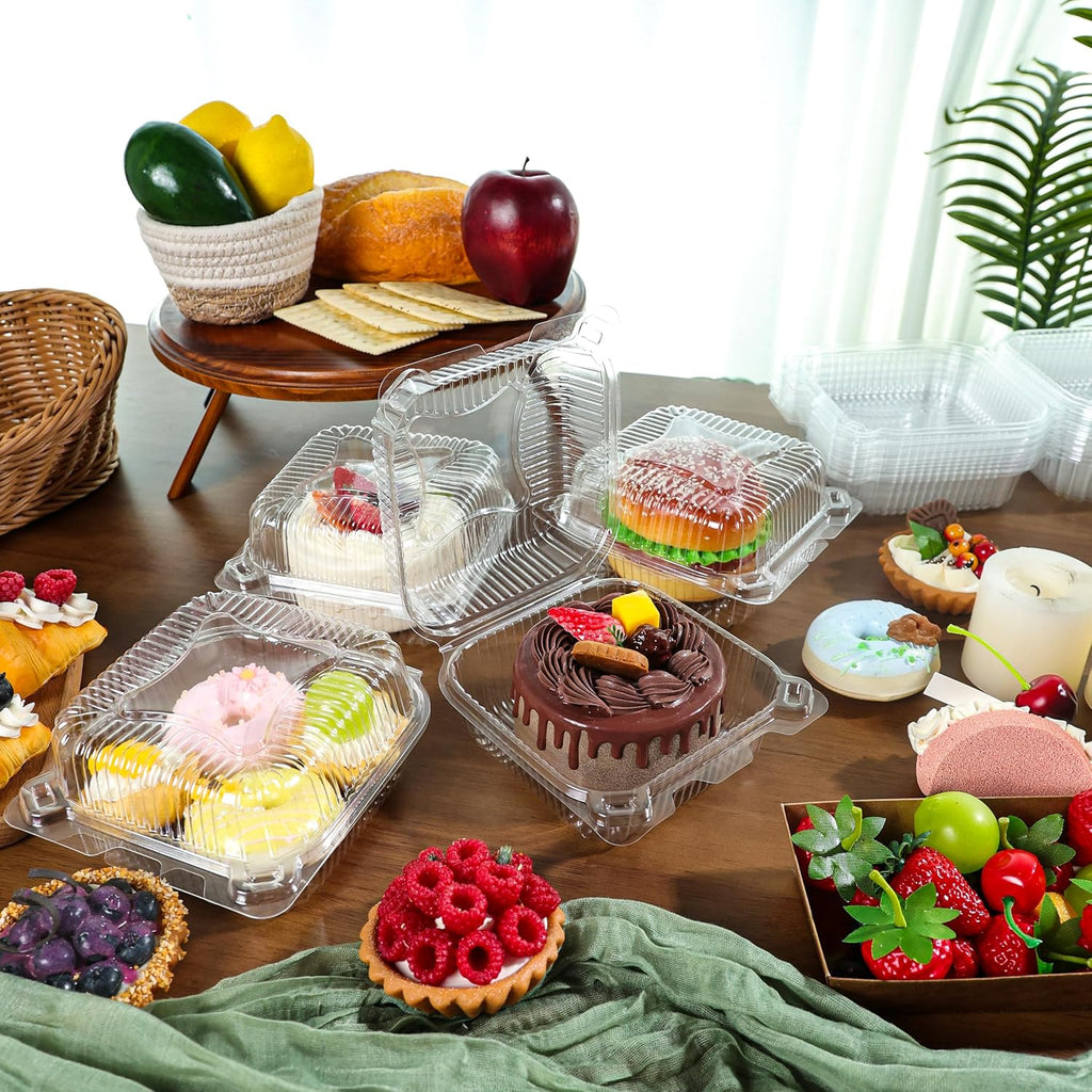 25 Pack Clear Thickening Plastic Hinged Take Out Containers Disposable Clamshell Food Cake Containers with Lids 5.8 x 5.8 x 2.75 inch for Dessert, Cakes, Salads, Pasta, Sandwiches