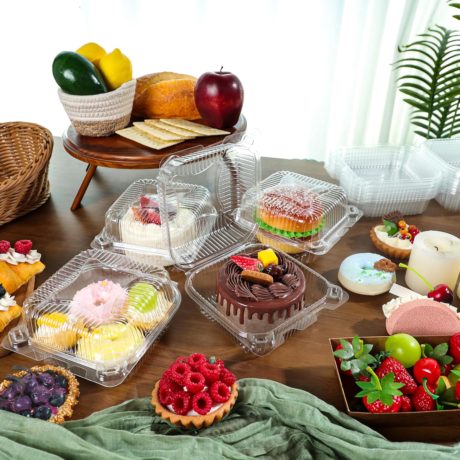 25 Pack Clear Thickening Plastic Hinged Take Out Containers Disposable Clamshell Food Cake Containers with Lids 5.8 x 5.8 x 2.75 inch for Dessert, Cakes, Salads, Pasta, Sandwiches