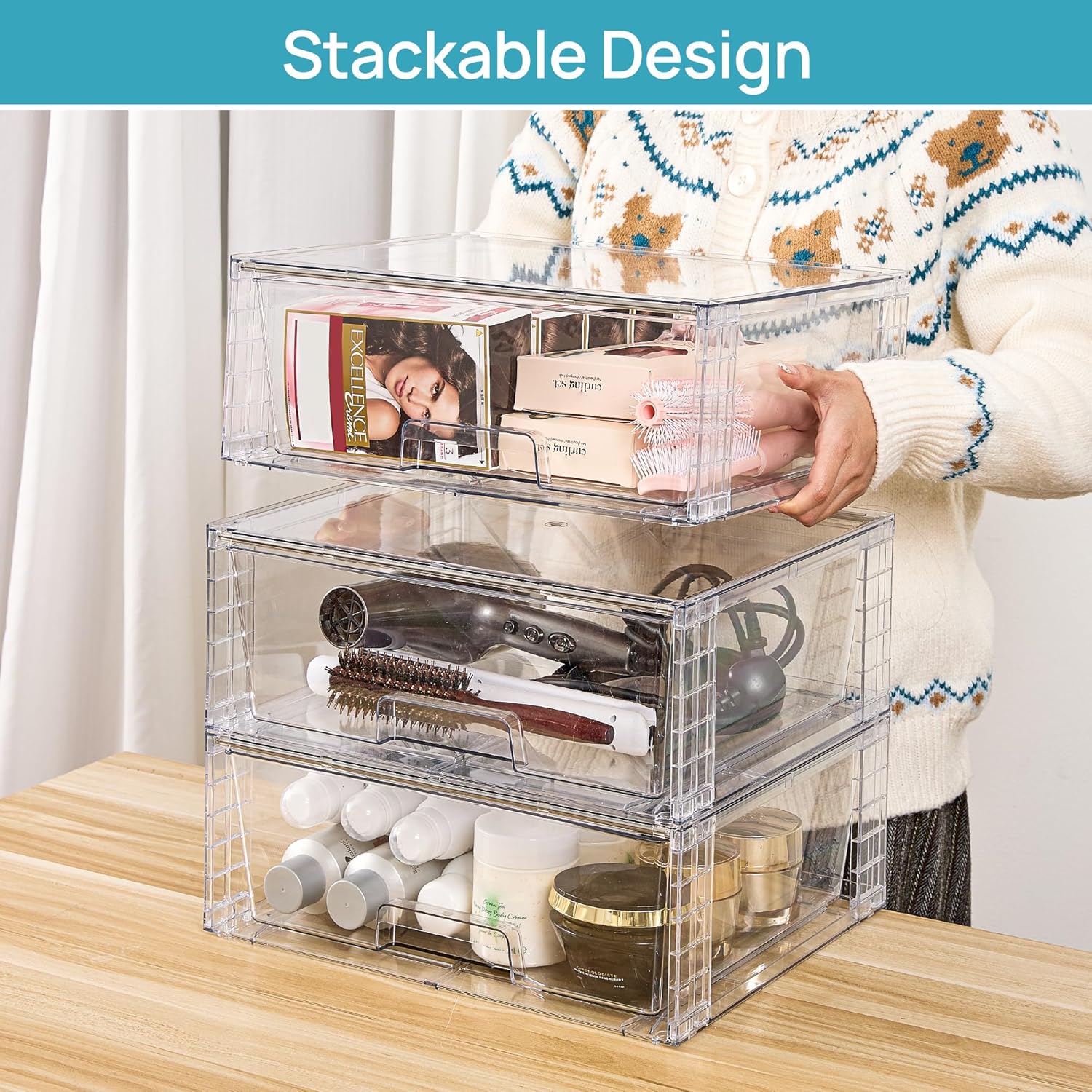 Vtopmart 2 Pack Large Stackable Storage Drawers,Easily Assemble Clear Acrylic Bathroom Closet Undersink Organizers,Plastic Storage Bins for Cabinet,Kitchen Pantry,Medicine Organization
