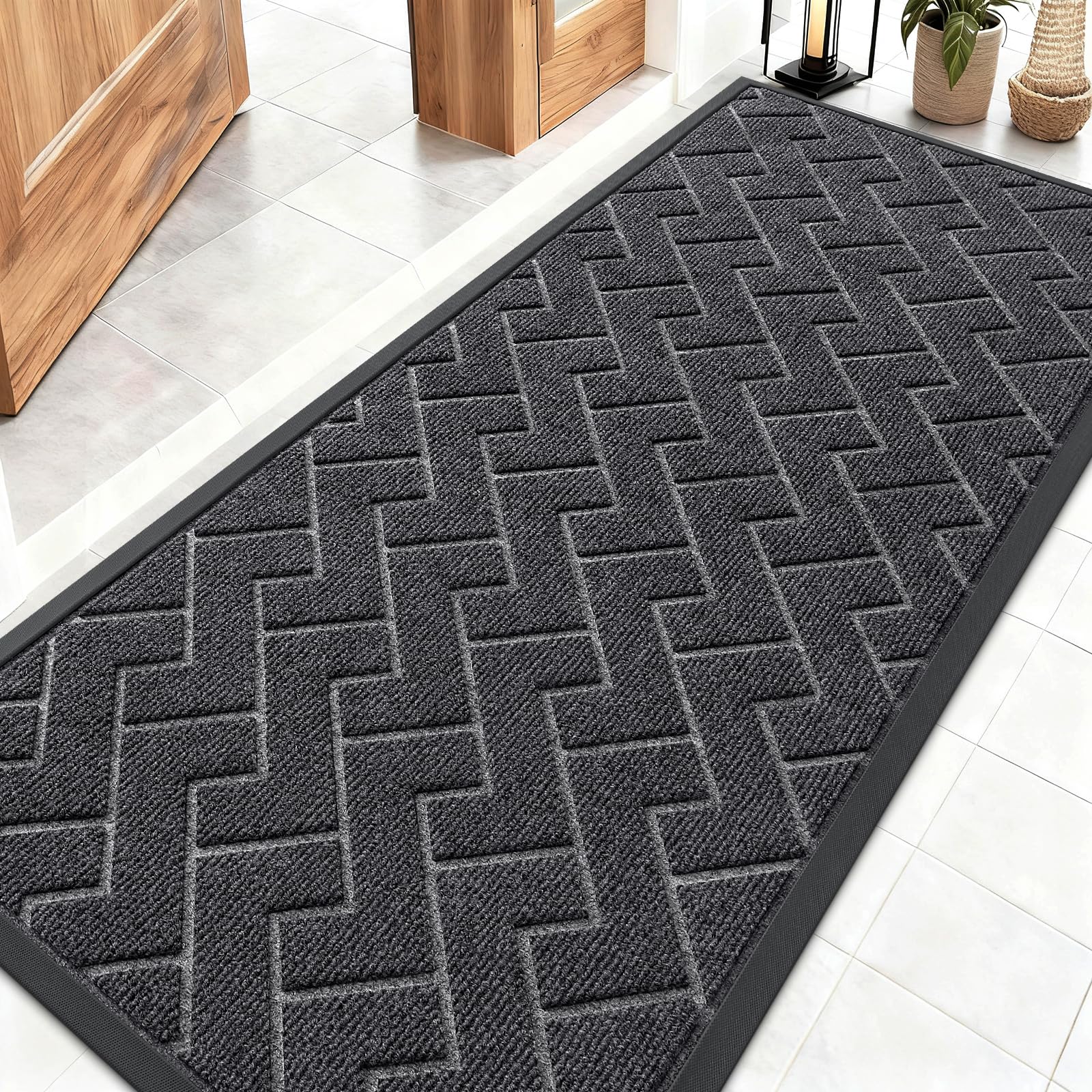 OLANLY Front Door Mat Indoor Outdoor Entrance, Waterproof All-Season, All-Weather Doormat, Sturdy Natural Rubber, Fade Resistant, Low Profile, Easy Clean Patio Porch Entryway Mat, 29.5x17, Black