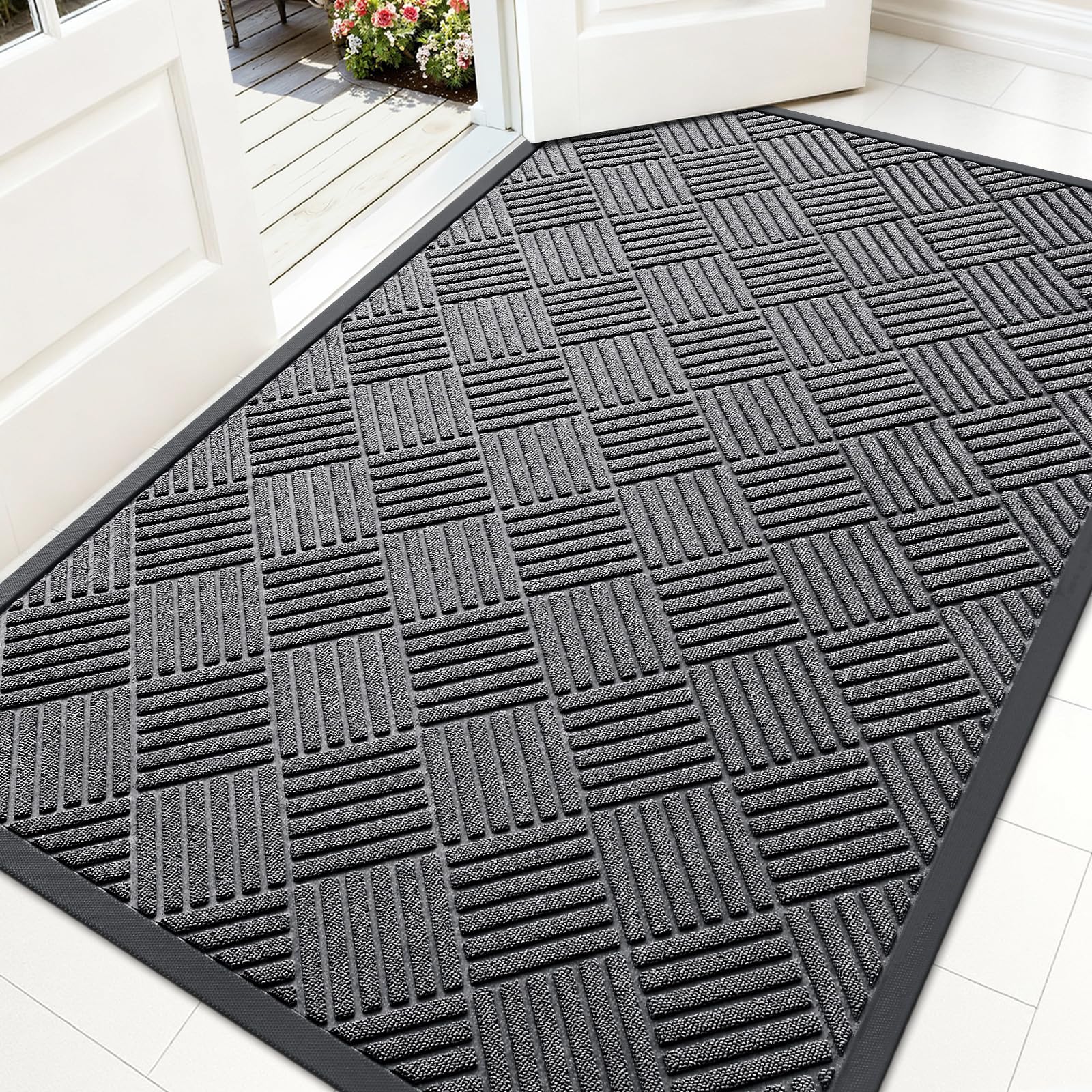 OLANLY Front Door Mat Outside Entrance 29.5x17, Absorbent, Heavy Duty Sturdy Natural Rubber Doormat Indoor Outdoor, Stain and Fade Resistant, Non-Slip Low Profile Floor Mat for Entryway, Grey Diamond