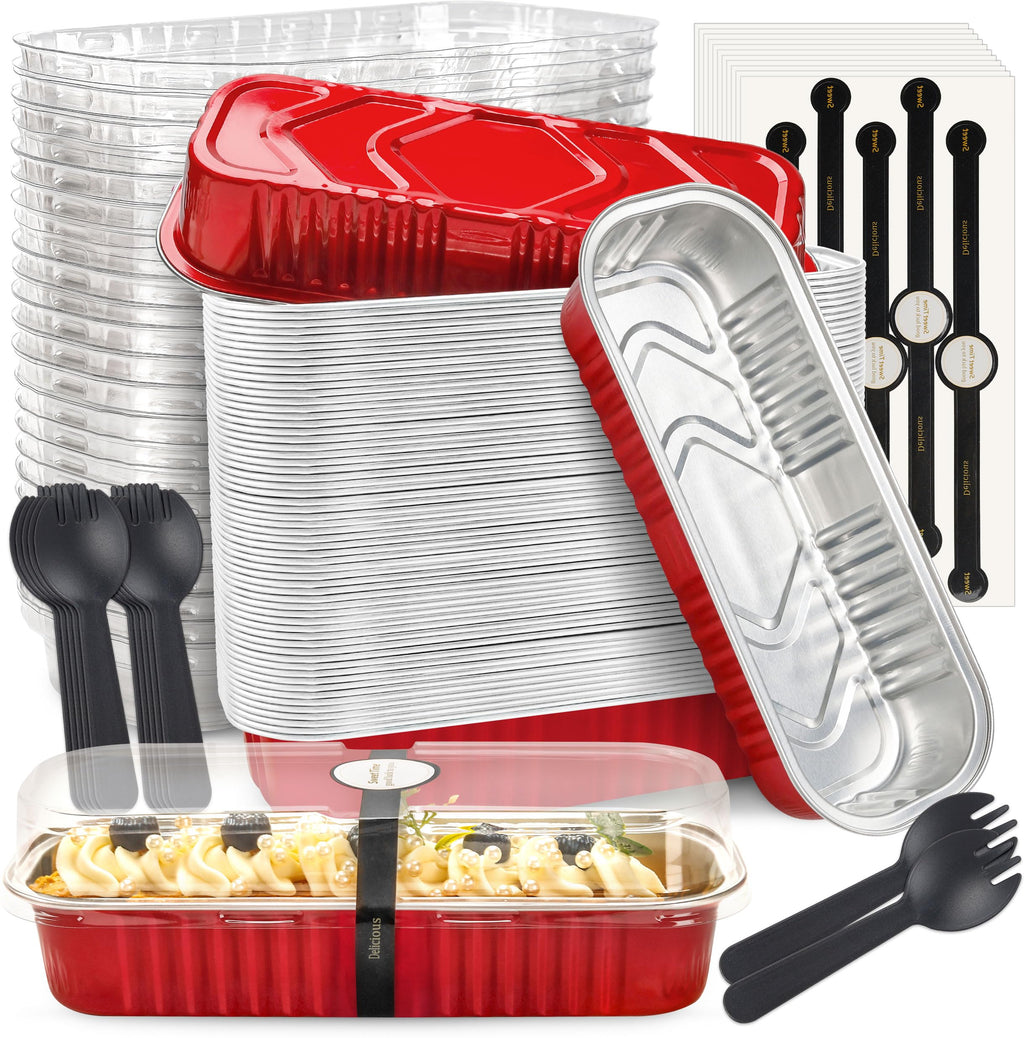 Mini Loaf Pans with Lids and Spoons Rectangular Aluminum Foil Baking Pans Mini Cheesecake Containers 6.8oz(60 Pack, Pink)