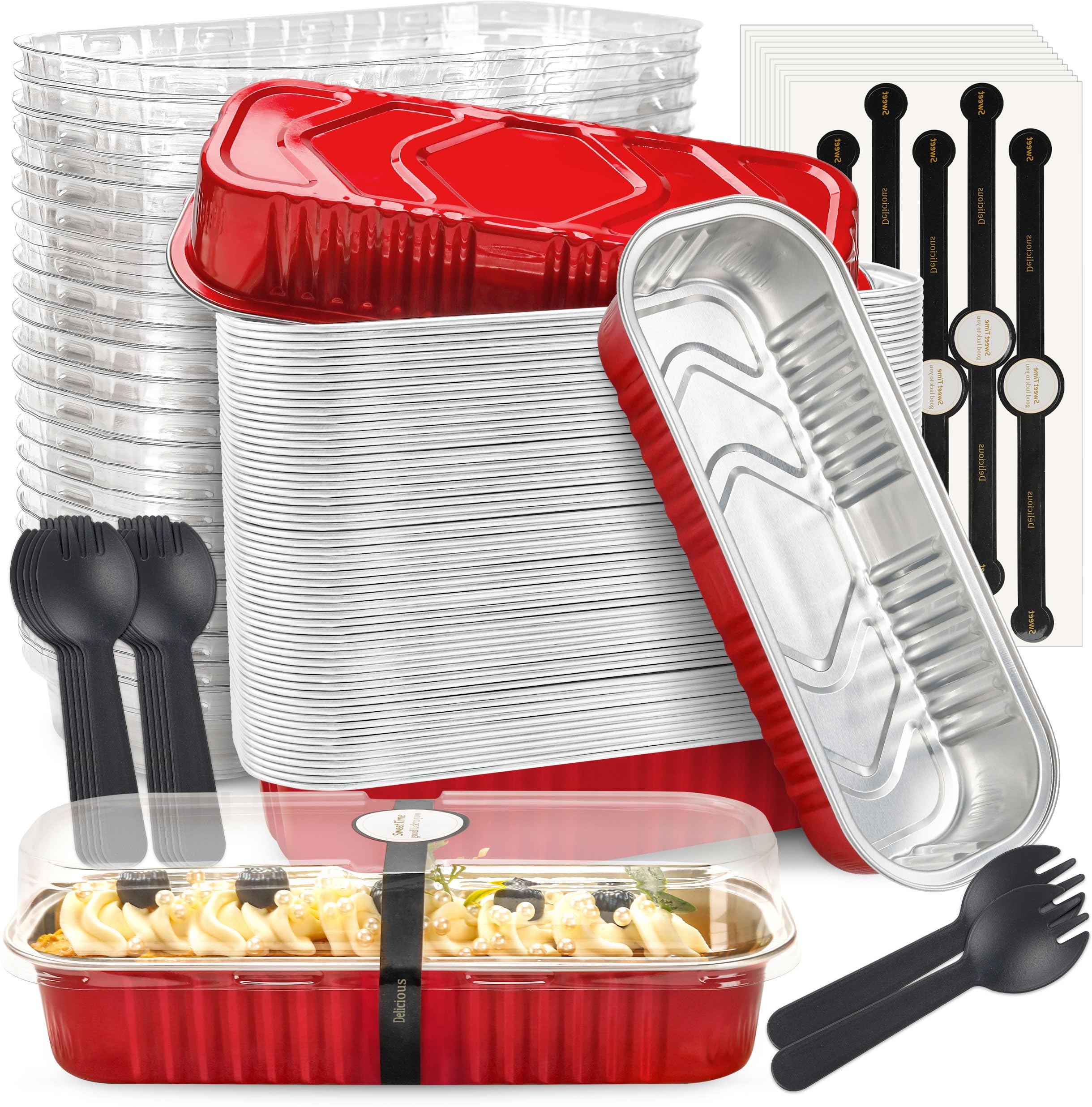 Mini Loaf Pans with Lids and Spoons Rectangular Aluminum Foil Baking Pans Mini Cheesecake Containers 6.8oz(60 Pack, Pink)