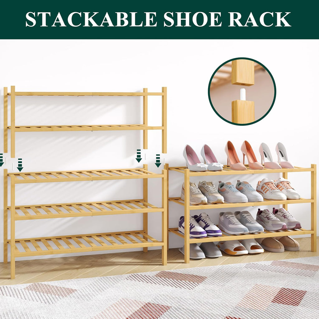 Smiry Bamboo Shoe Rack for Closet, 3 Tier Wooden Stackable Shoe Organizer, Free Standing Shoes Storage Shelf for Entryway, Front Door Entrance, Natural