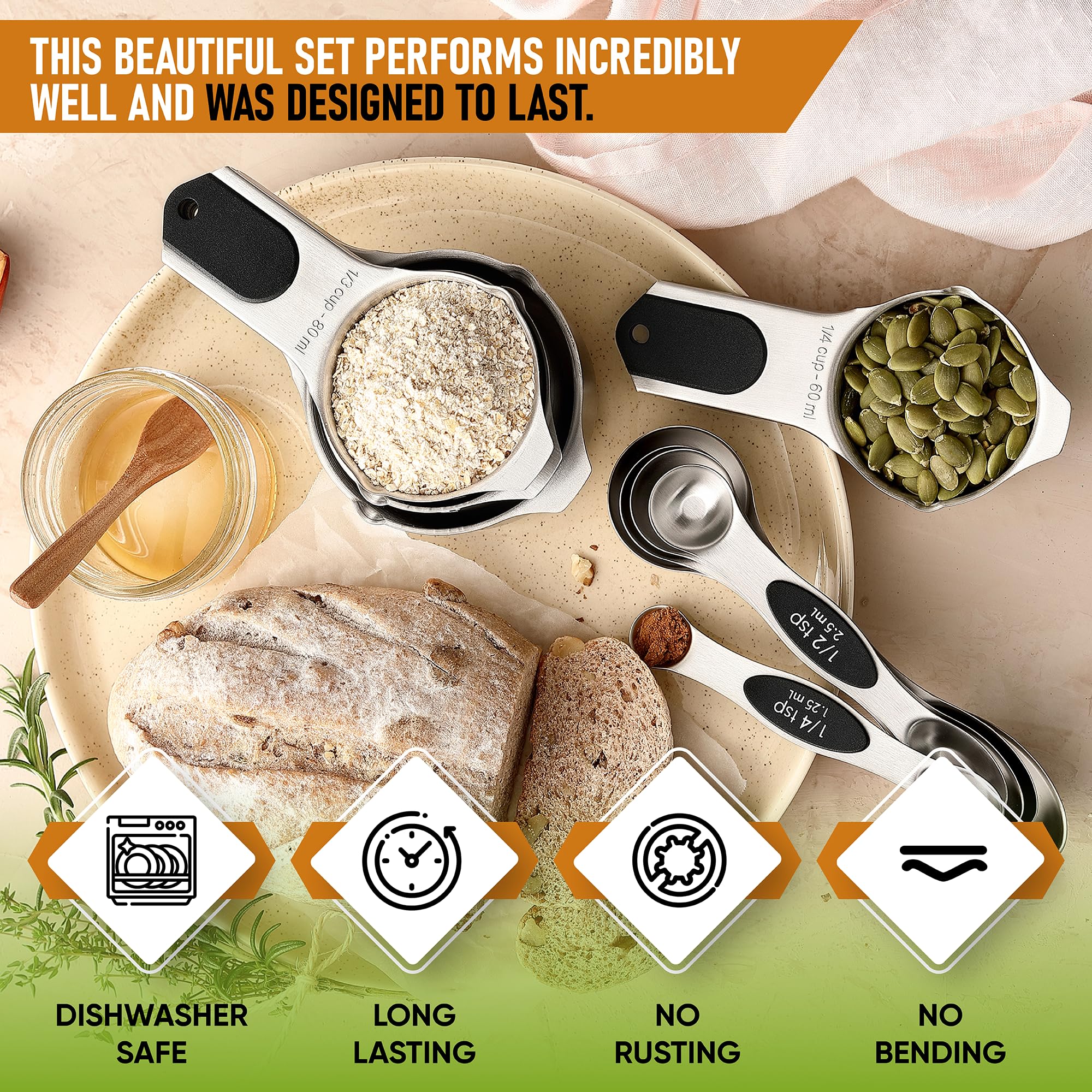 Spring Chef Magnetic Measuring Cups & Spoons Set, Patented, Strong N45 Magnets, Heavy Duty Stainless Steel Fits in Spice Jars for Baking & Cooking, BPA Free, Round Set of 15 with Leveler, Black