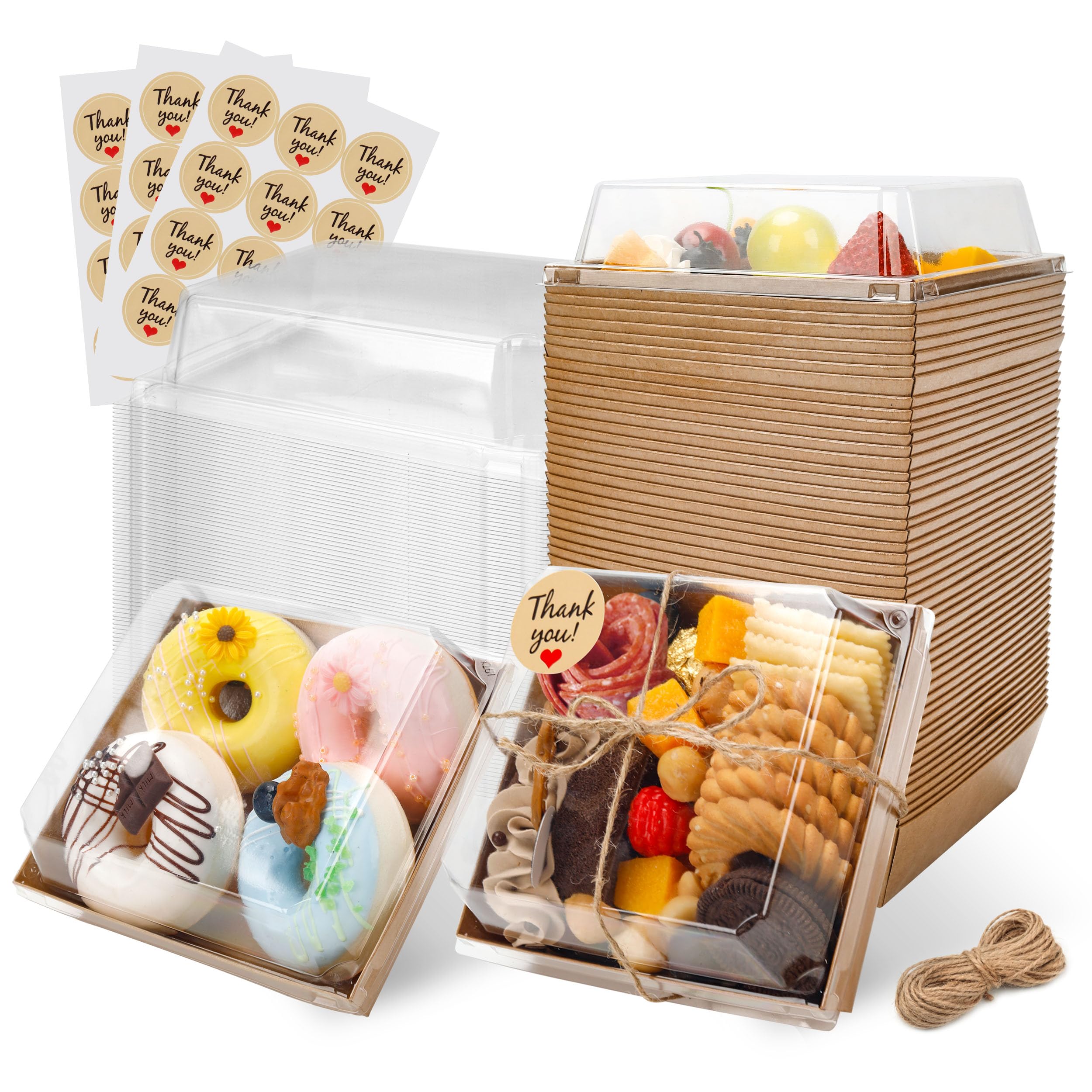 Disposable Charcuterie Boxes with Clear Lid, Food Boxes for Cold&Room Temperature Foods,Grease-Resistant Bakery Packaging for Pastry & Takeout Use 5.3x4.9x2.5INCH(50 Pack,Brown)