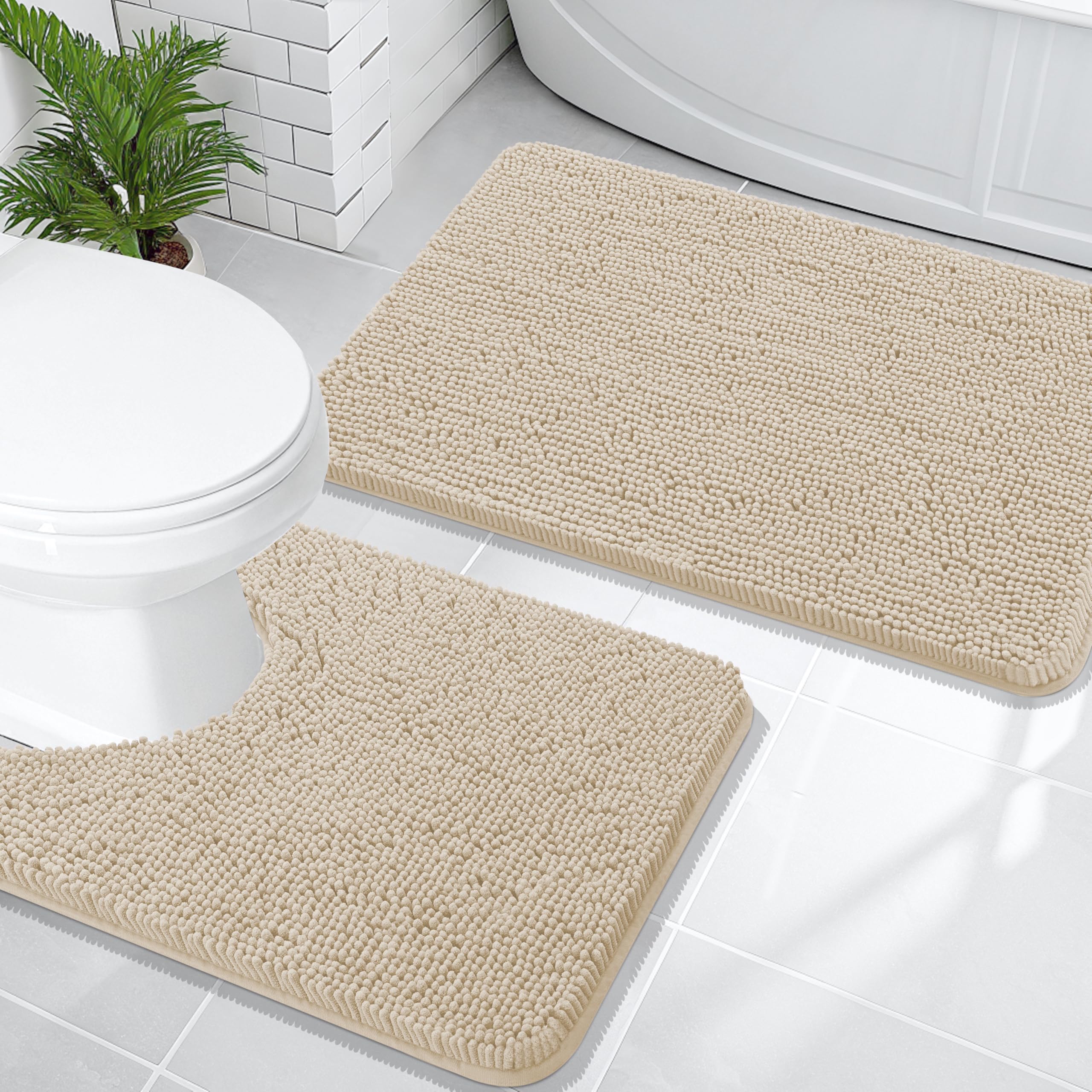 OLANLY Bathroom Rugs Sets 2 Piece, Soft Absorbent Chenille Bath Mats and U-Shaped Contour Toilet Mat Area Rug Set, Machine Washable Bath Carpet, Home Decor Accessories(30"x20"+24"x20", Grey)
