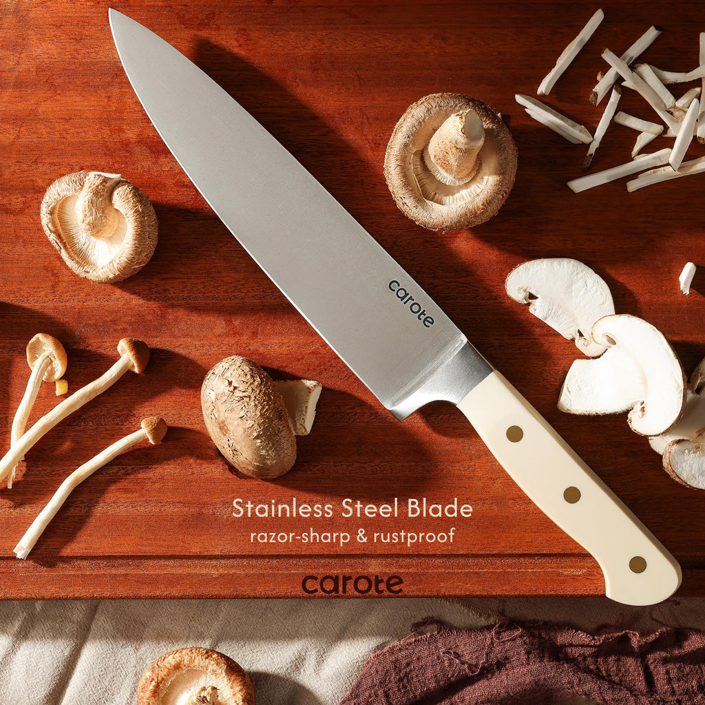 CAROTE 15Piece Knife Set, Kitchen Knife Block Set, Elegant White Ceramic-Coated Blades with Stylish Wooden Block for Modern Culinary Excellence