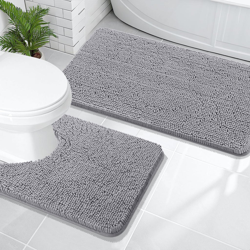OLANLY Bathroom Rugs Sets 2 Piece, Soft Absorbent Chenille Bath Mats and U-Shaped Contour Toilet Mat Area Rug Set, Machine Washable Bath Carpet, Home Decor Accessories(30"x20"+24"x20", Grey)